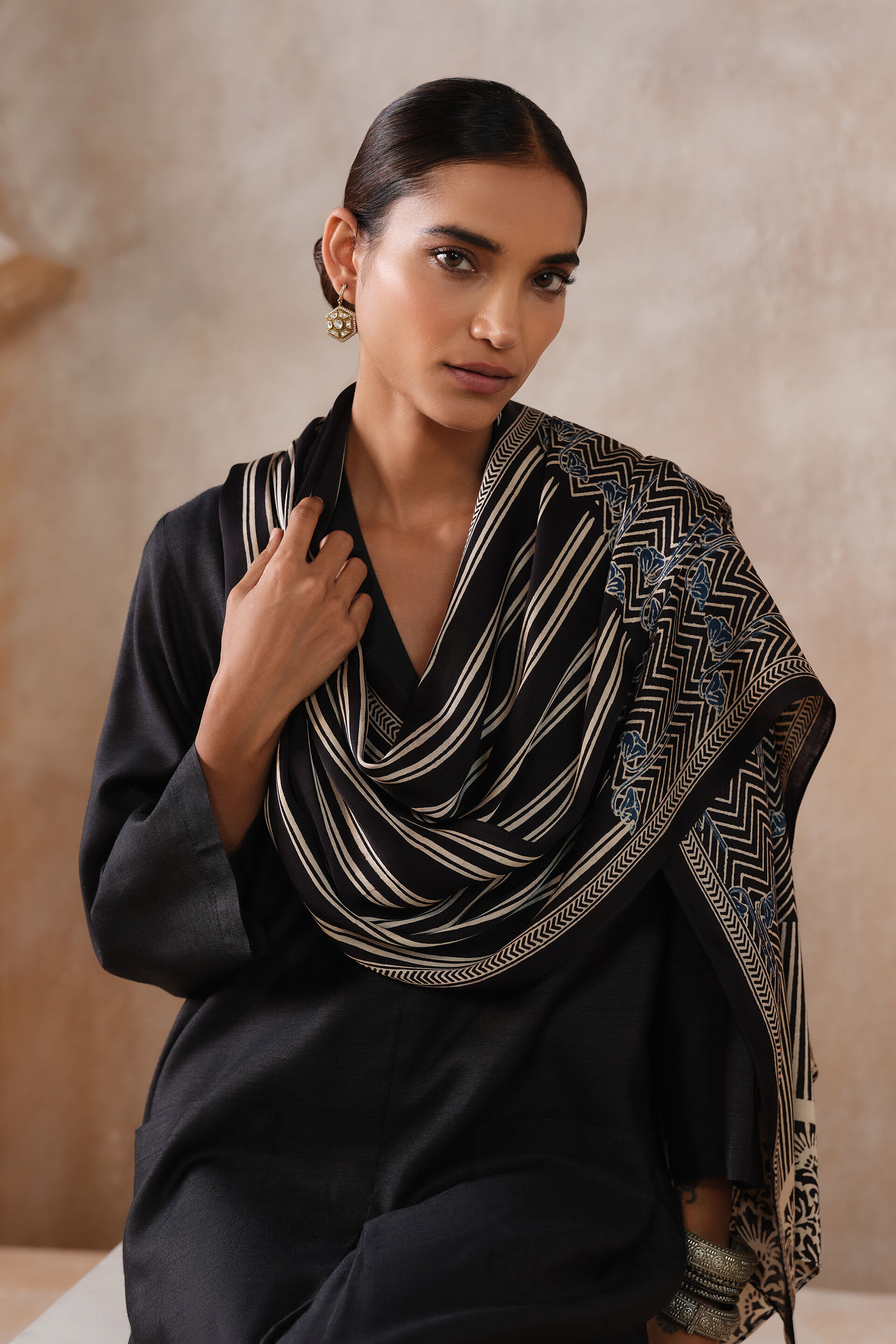 Iago Ajrakh Hand-block Printed Stole - Black
