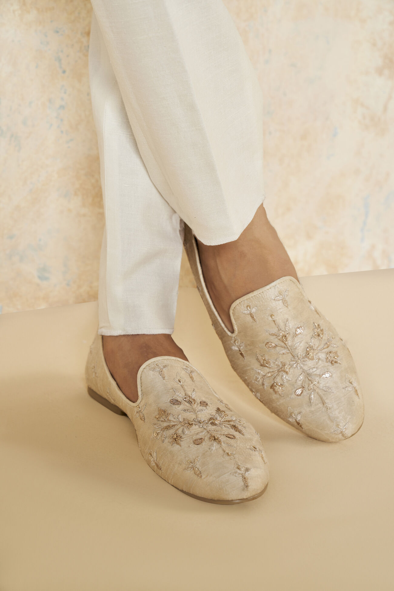 Arhat Embroidered Silk Shoes - Ivory, Ivory, image 1