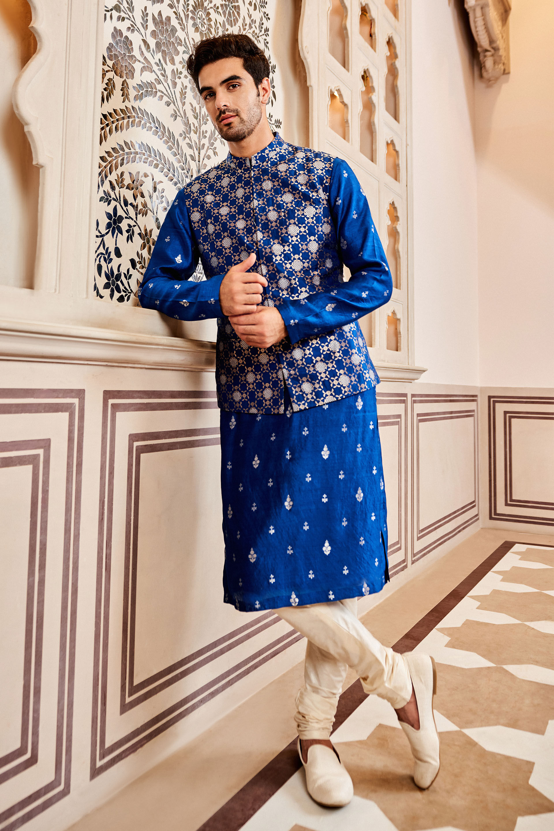 Ethnic Wear Blue Kurta with Nehru Jacket Online | Bagtesh Fashion