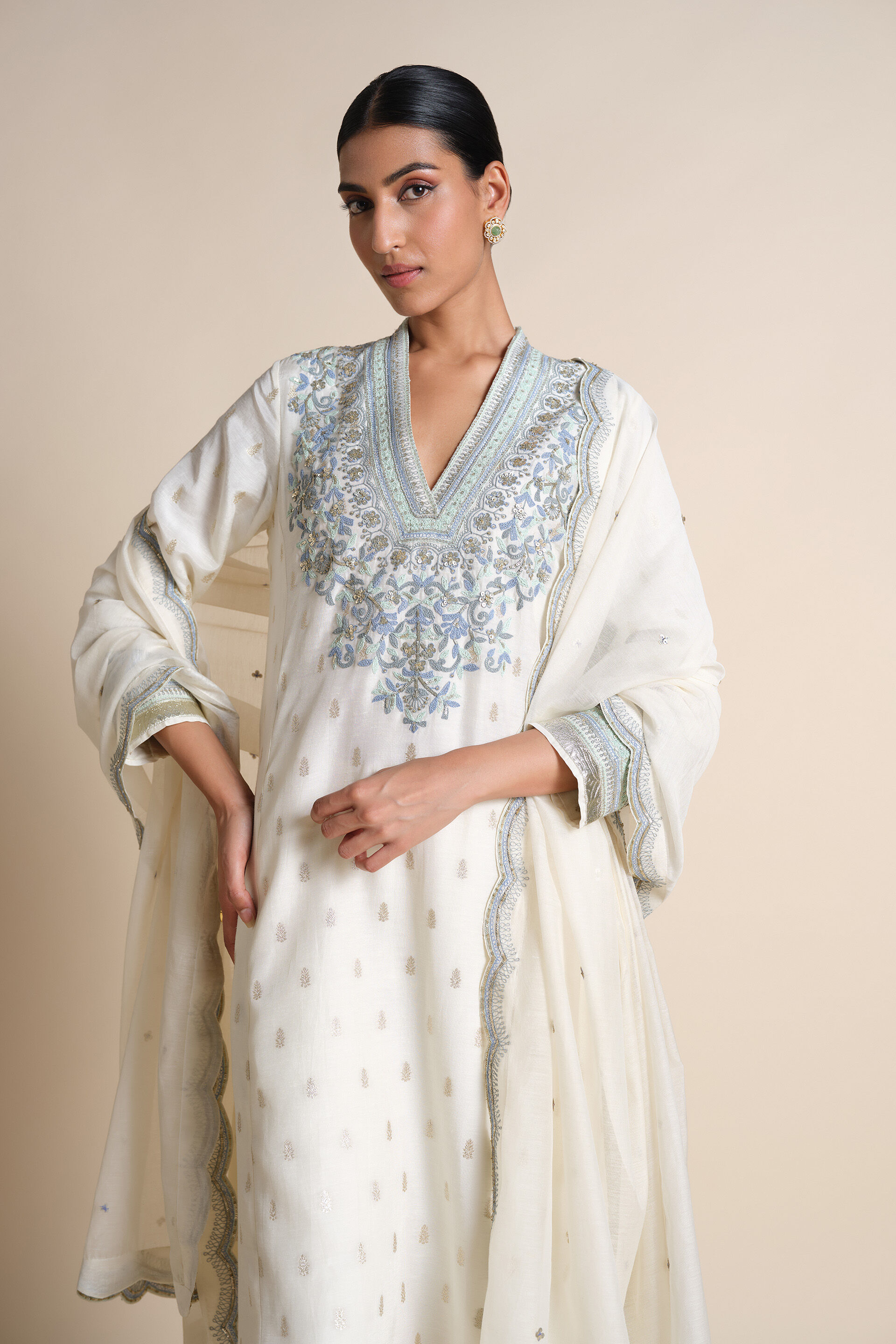 Luscinia Embroidered Suit Set - Ivory, Ivory, image 4