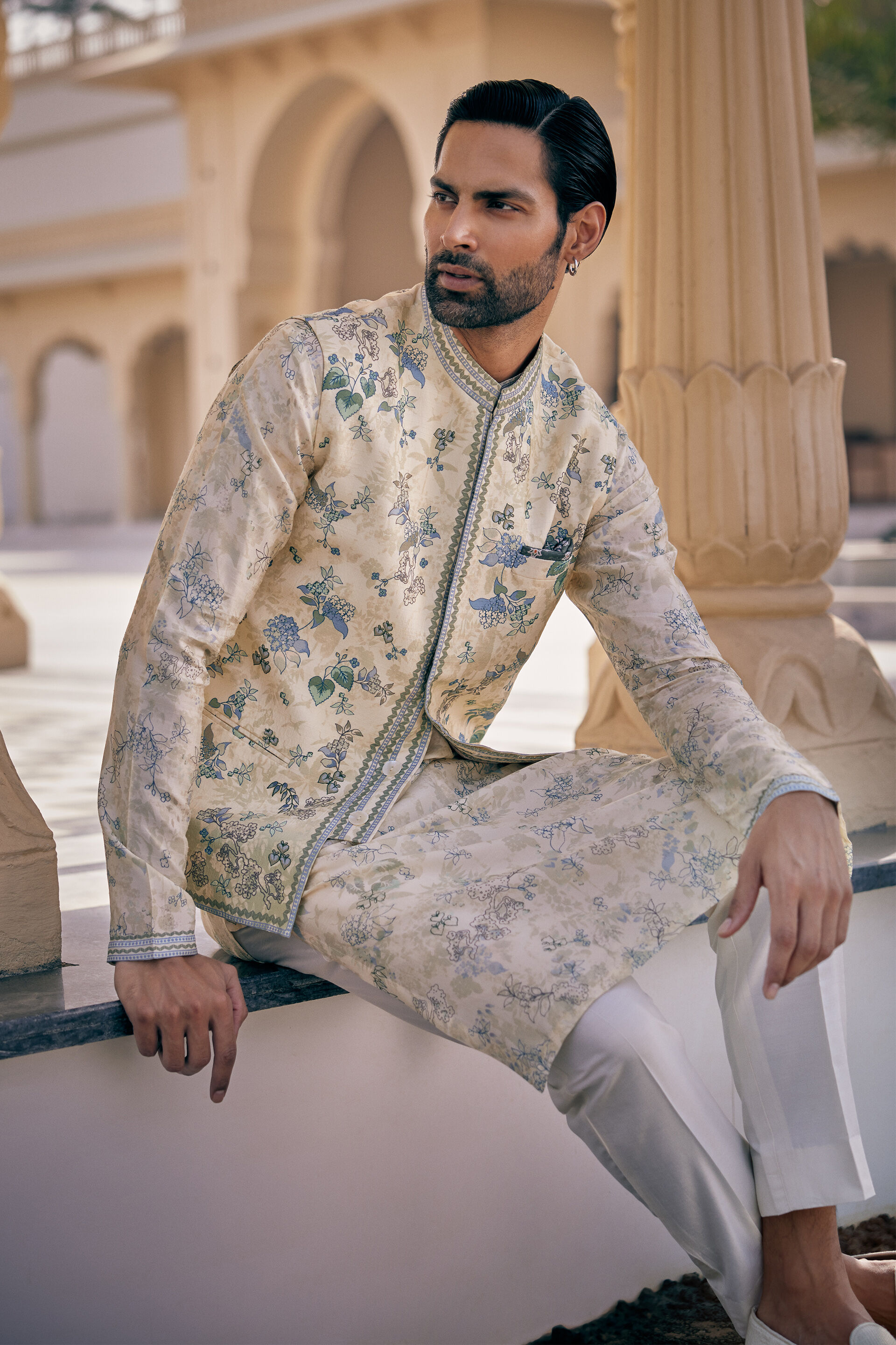 Harishva Silk Nehru Jacket - Ivory, Ivory, image 3