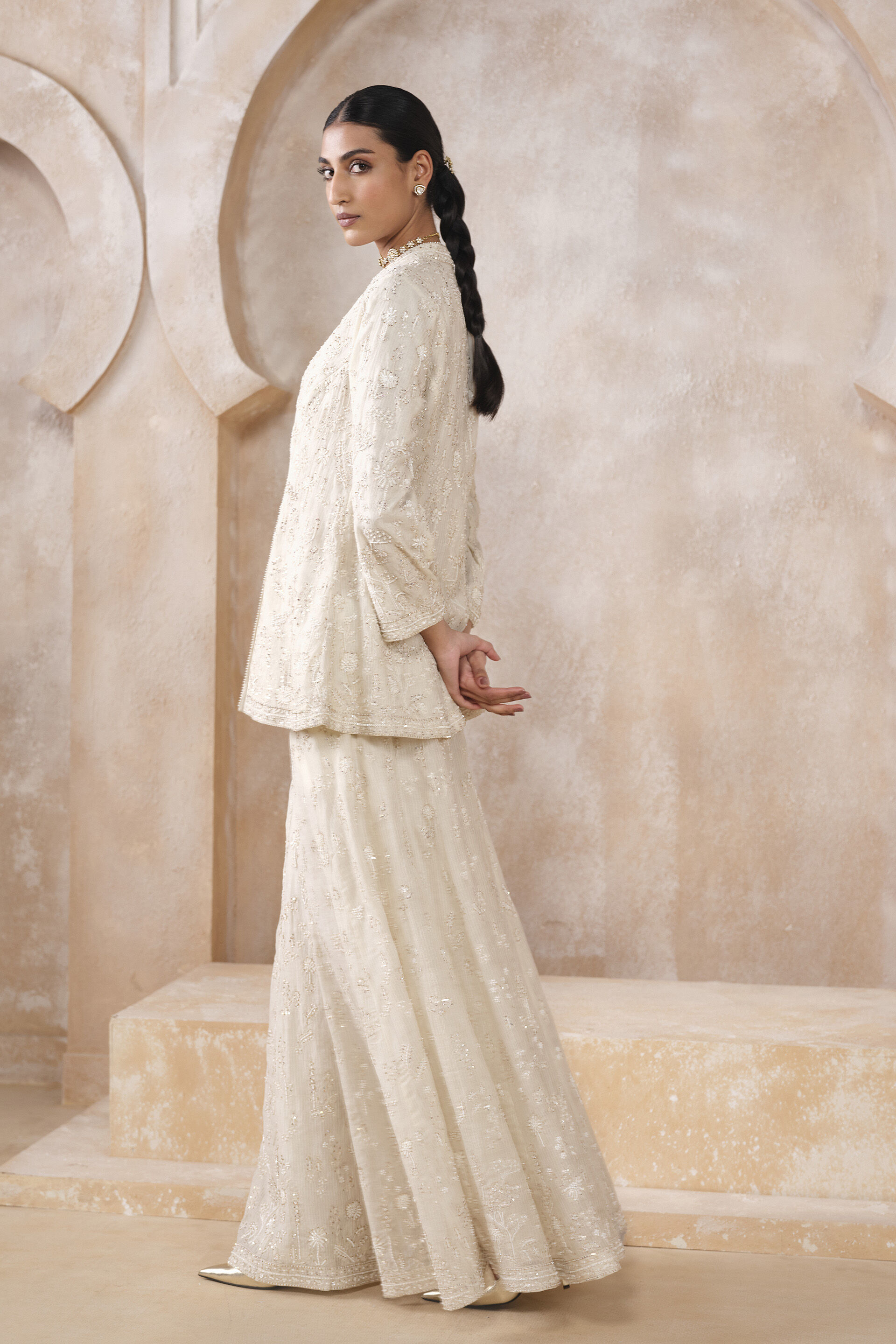 Zuhra Embroidered Sharara Set - Ivory