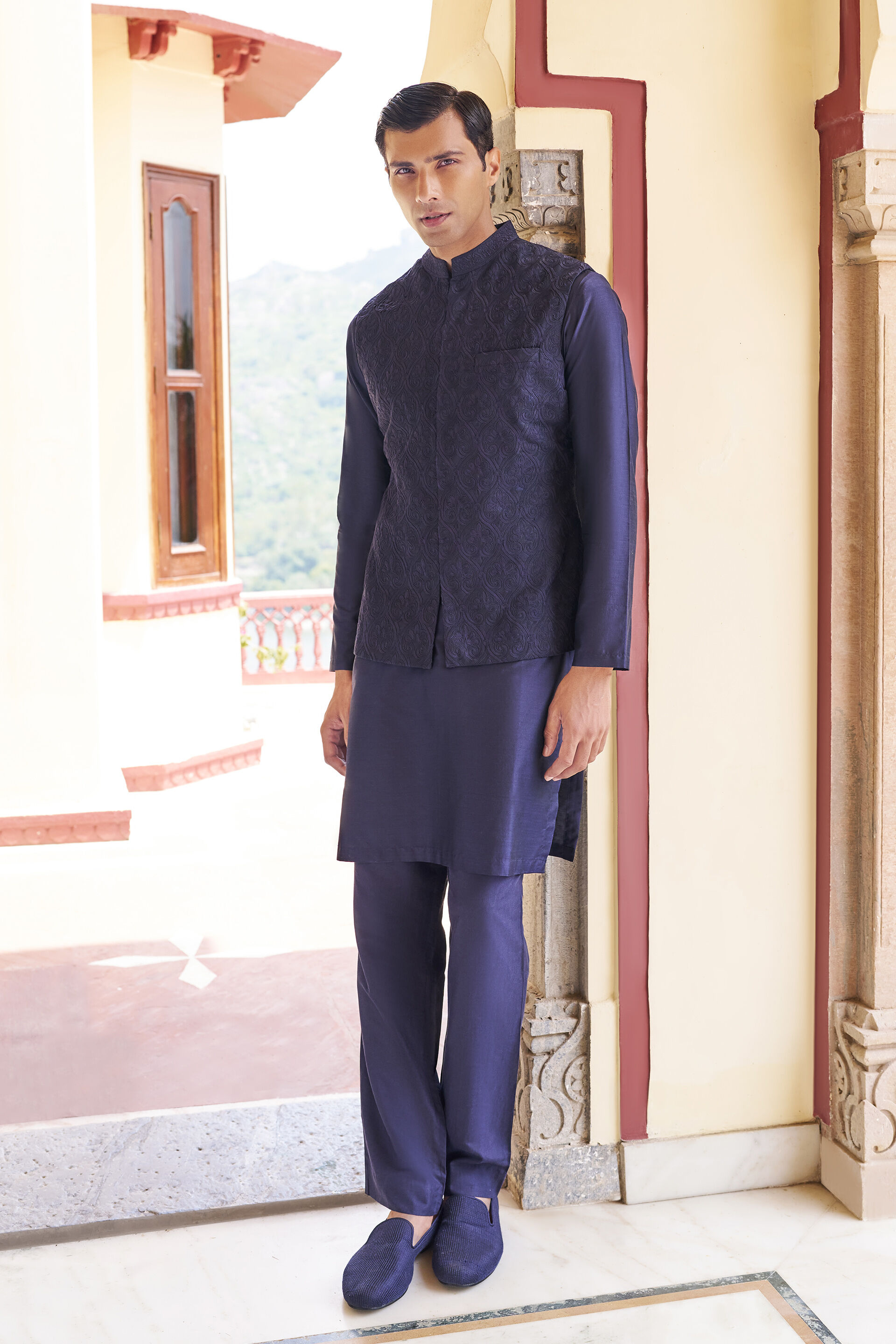 Ebb & Flow Embroidered Cord Silk Nehru Jacket - Navy Blue