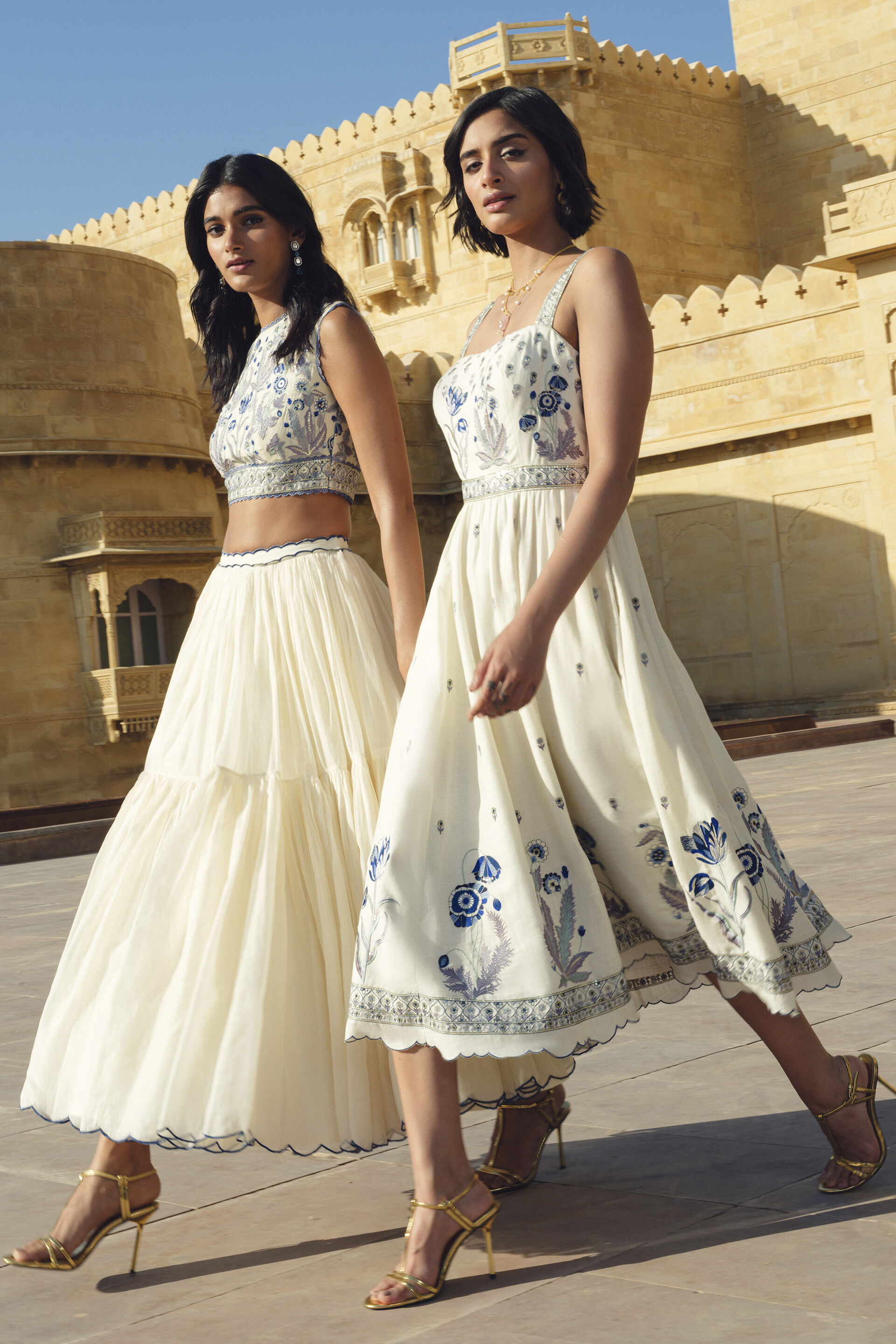 Emalia Embroidered Mul Skirt Set - Natural, White, image 6