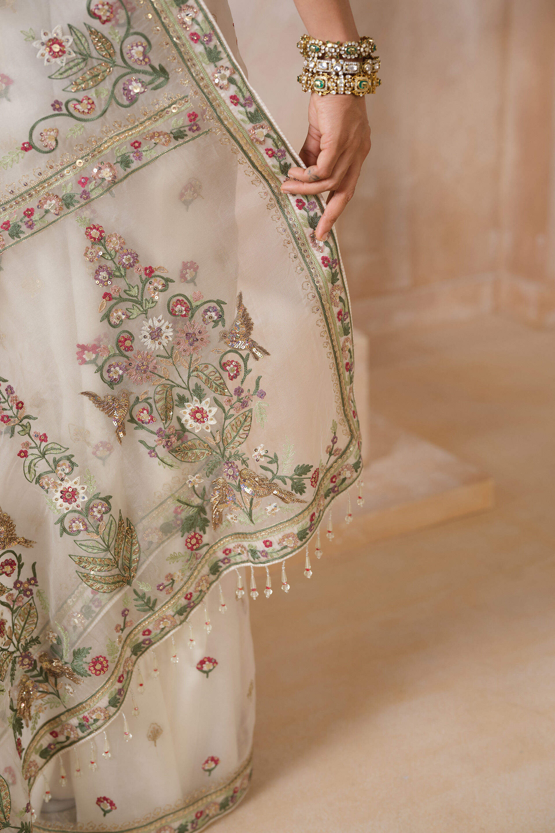 Anaysha Embroidered Silk Saree Set - Ivory, Ivory, image 5