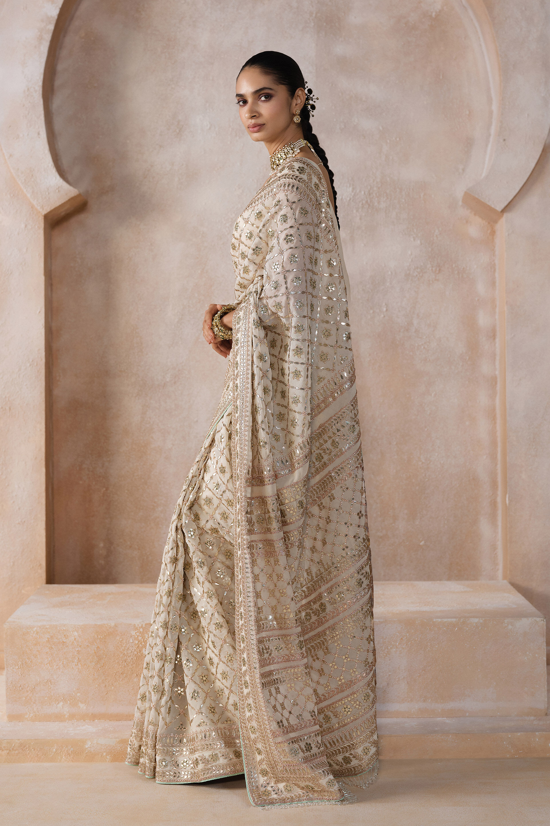 Tajanae Gota Patti Saree - Cream, Cream, image 3