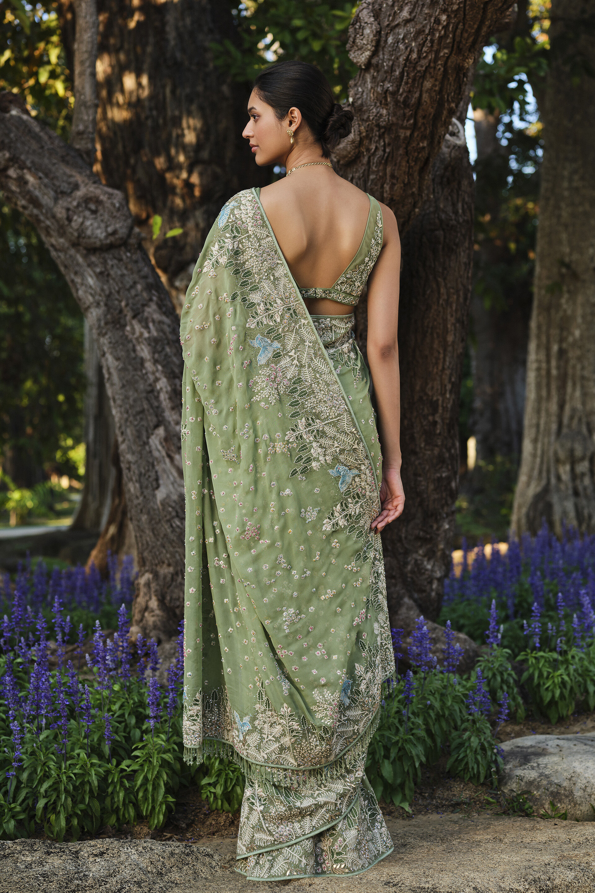 Elodea Embroidered Georgette Saree - Sage, Sage, image 2