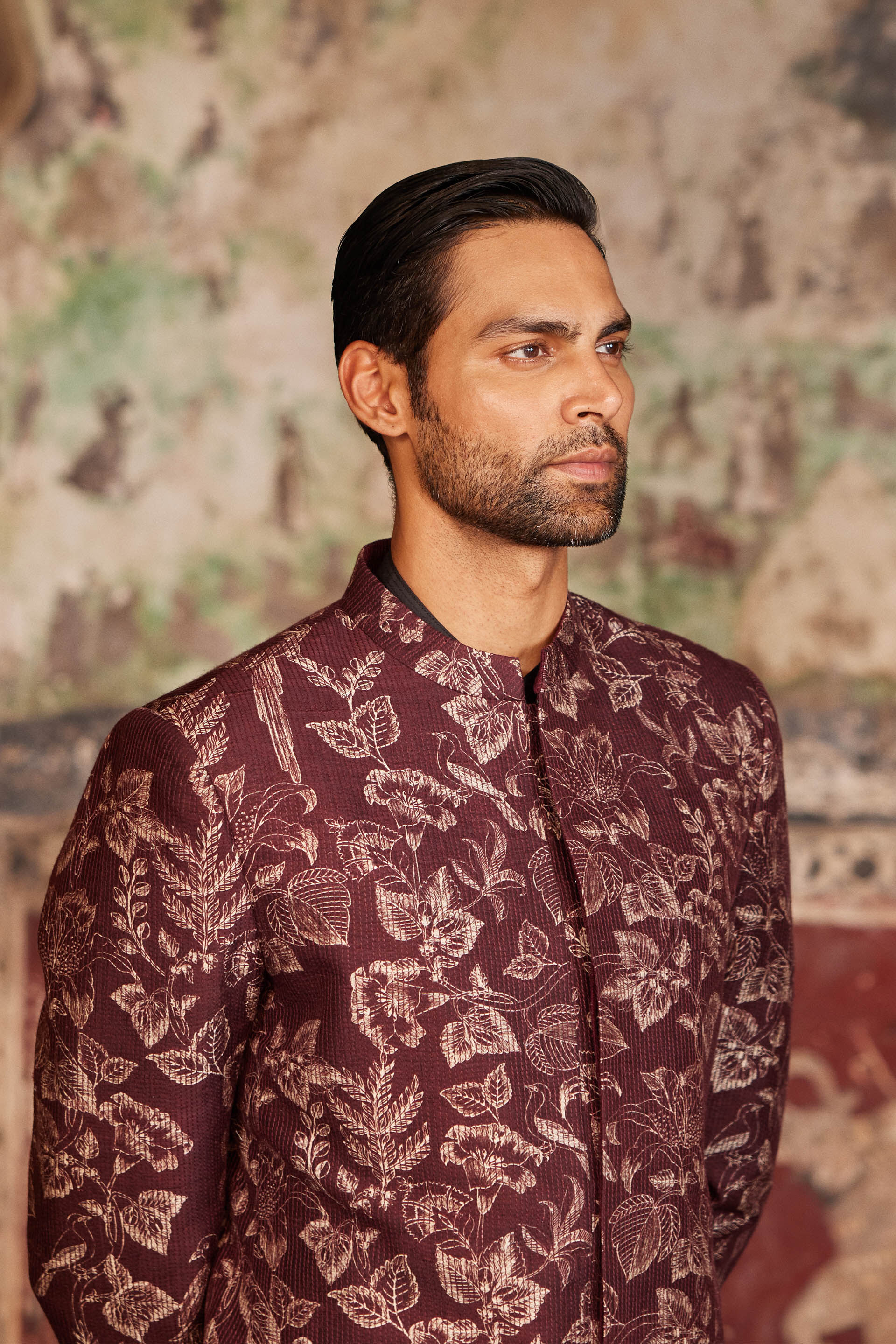 Nilav Printed Silk Bandhgala - Maroon, Maroon, image 3