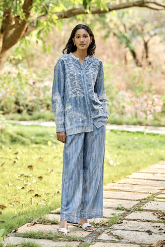 Creek Hand-embroidered Chikankari Linen Coord - Blue, Blue, image 4