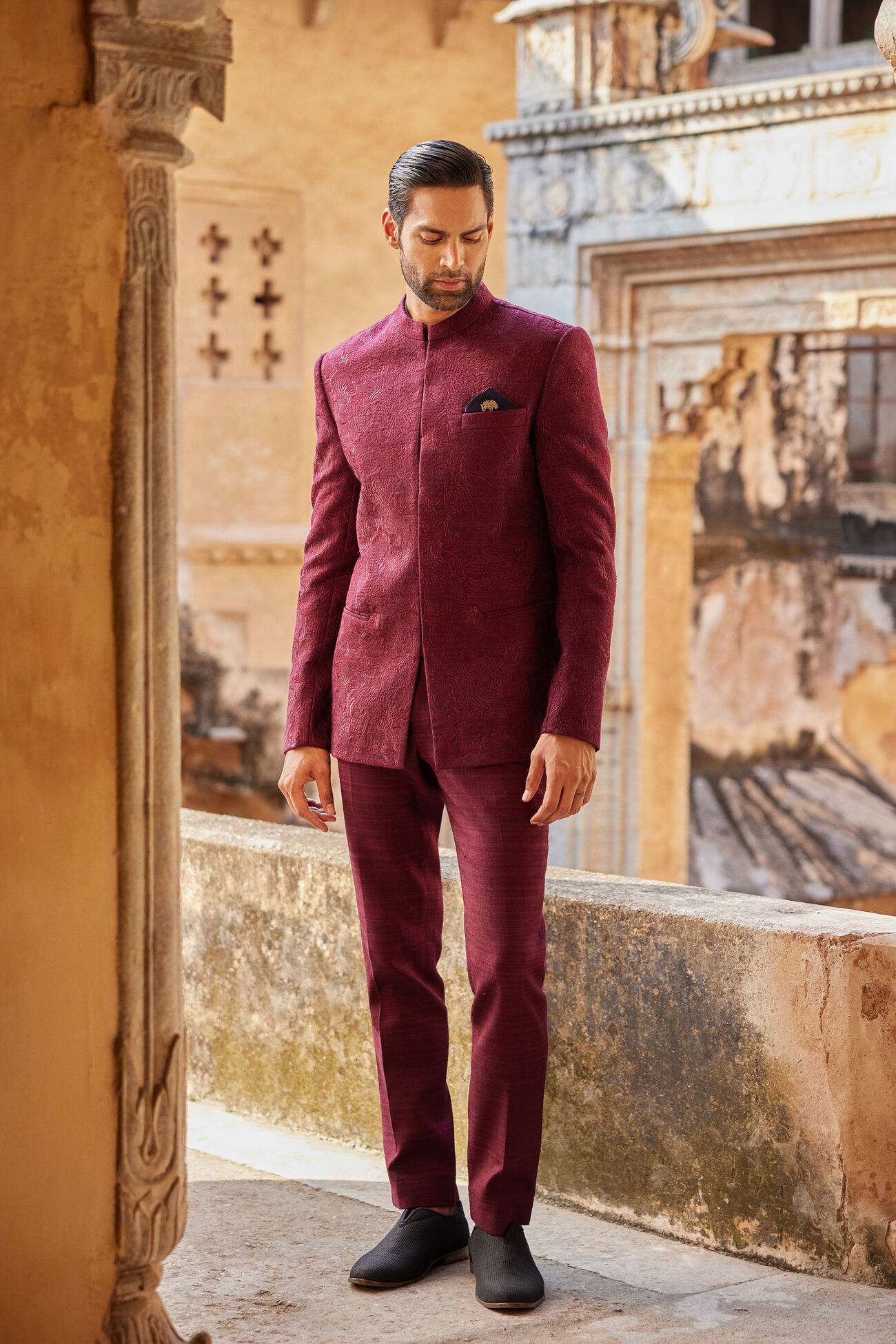 Buy Designer Uprag Embroidered Silk Bandhgala Plum Online from Anita