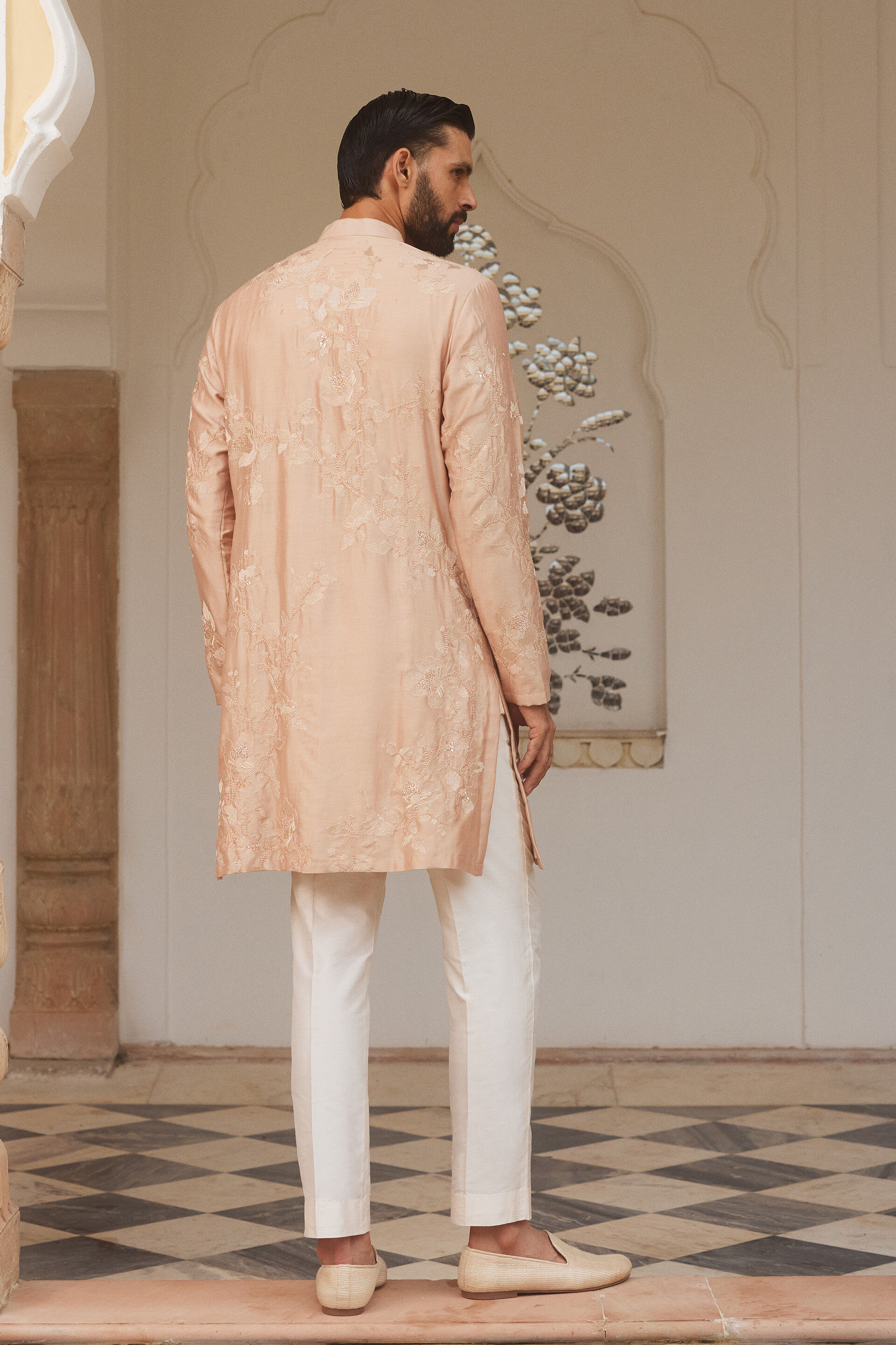 Dharv Embroidered Silk Kurta - Salmon