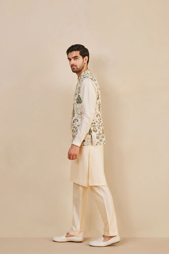 Nalesh Hand-painted Pichhwai Silk Nehru Jacket, Off White, image 3