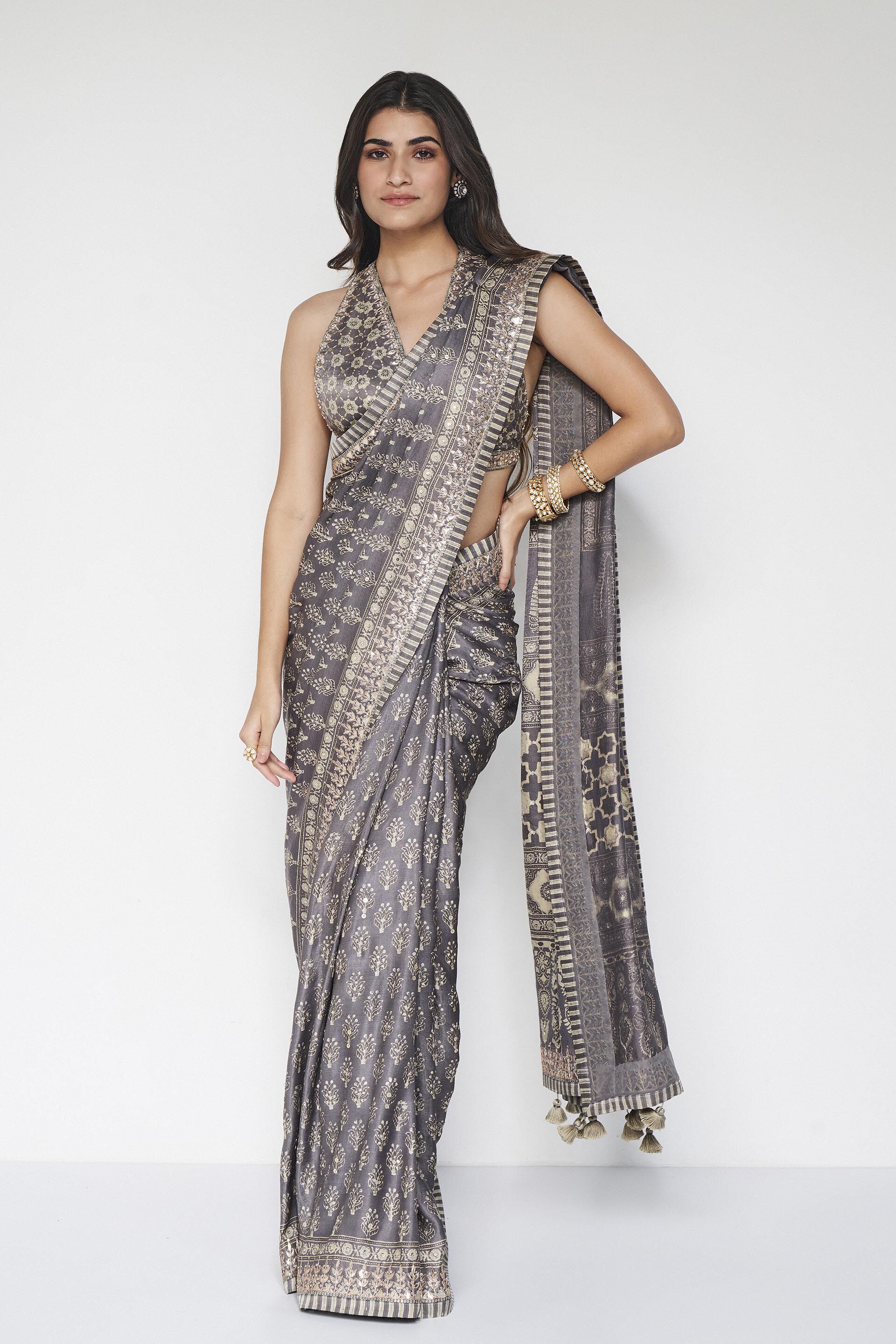 Ranjeeta Ajrakh Hand-block Printed Silk Saree - Grey, Grey, image 4