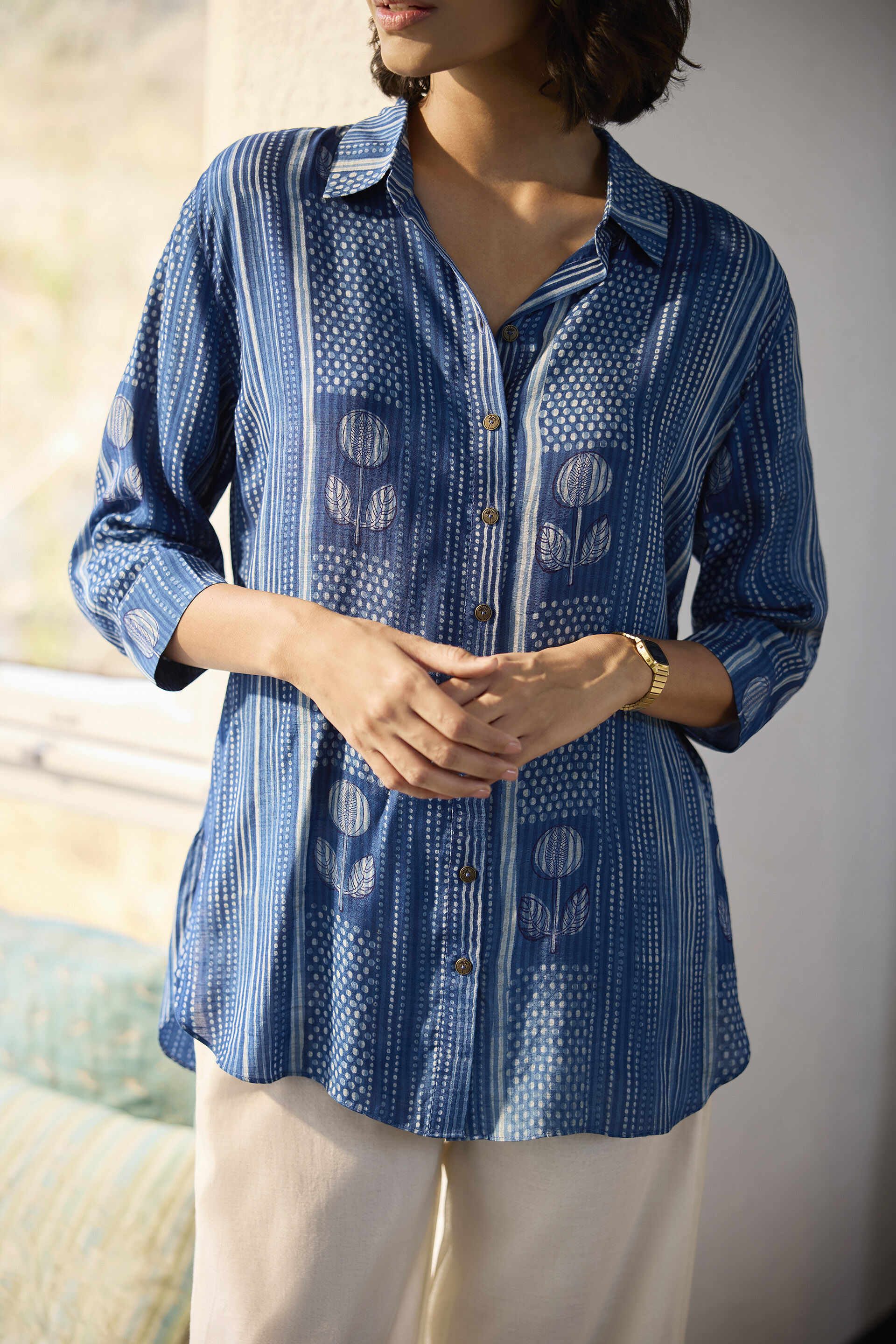 Laguna Hand-block Printed Mul Shirt - Indigo, Indigo, image 3