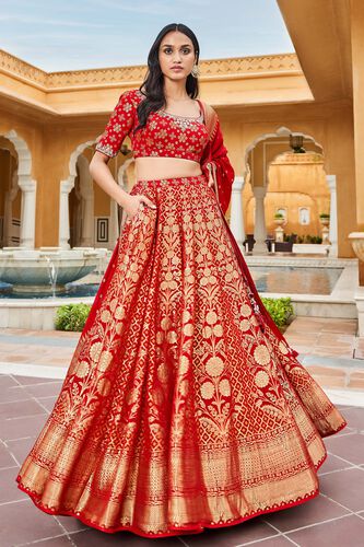 Valimai Lehenga Set, Red, image 1