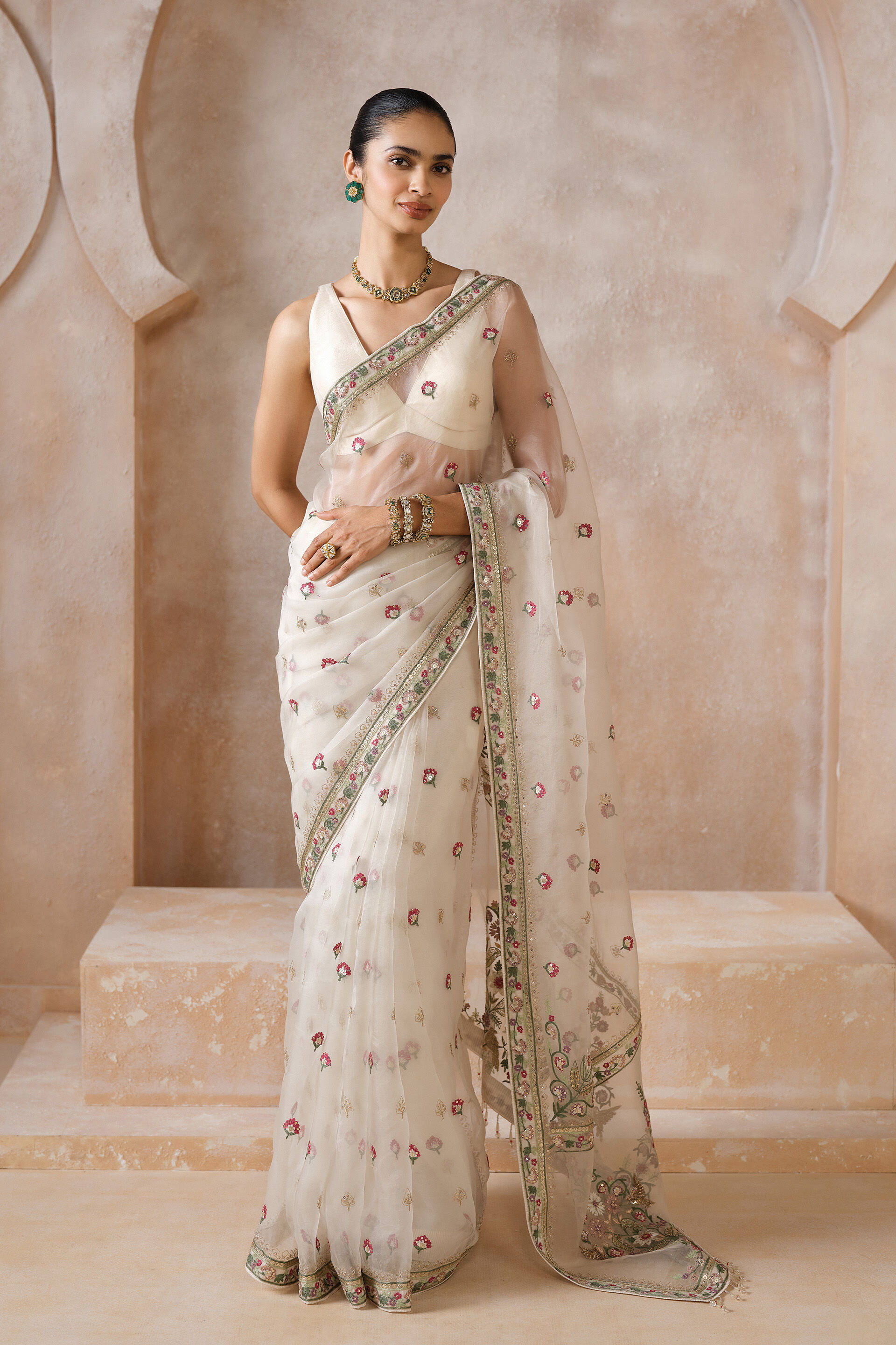 Anaysha Embroidered Silk Saree Set - Ivory, Ivory, image 1
