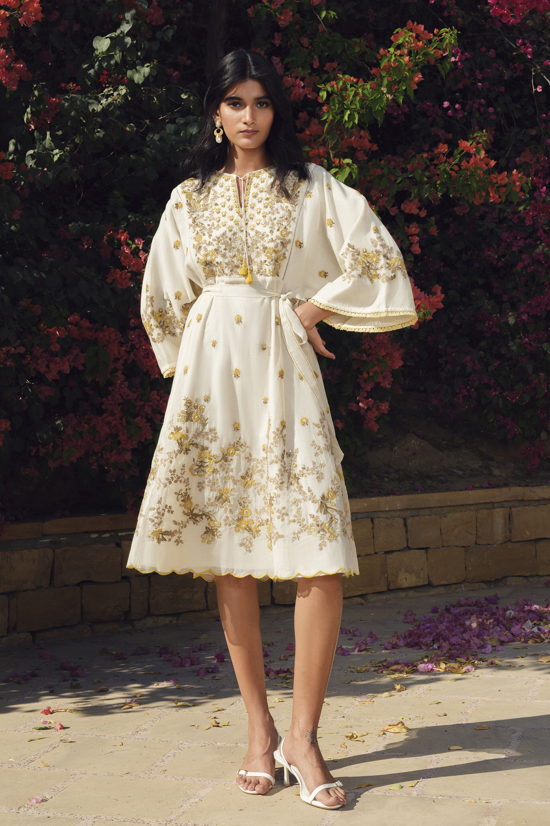 Amra Embroidered Mul Dress - Natural