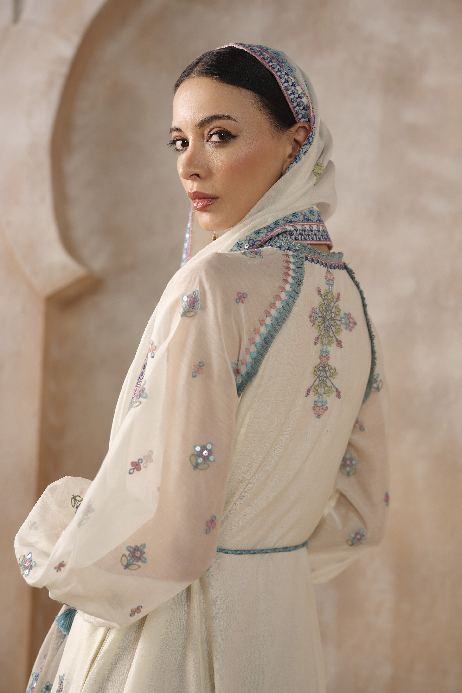 Stellara A-line Embroidered Mul Kaftan - Ivory, Ivory, image 5