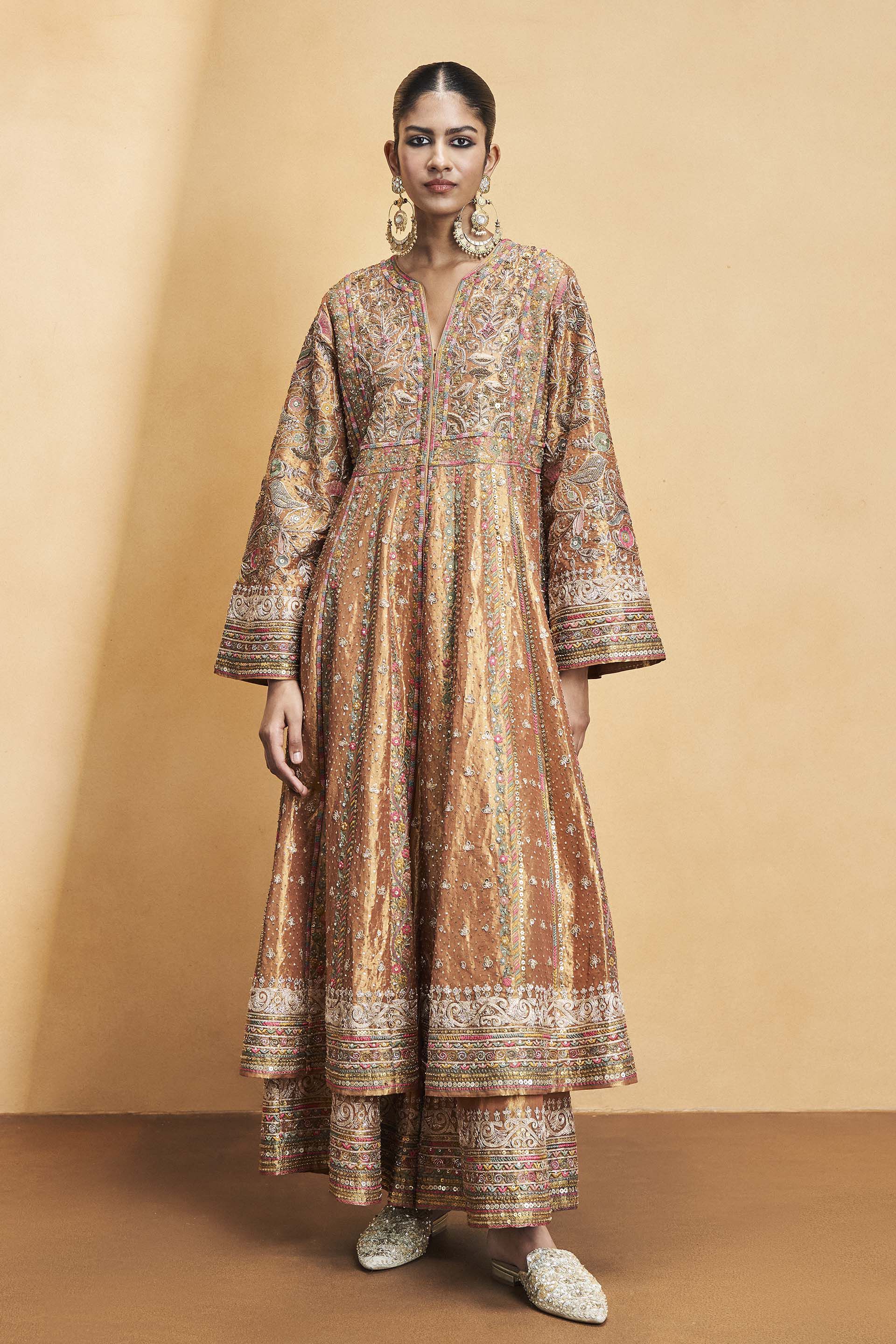 Magic Of The Gleaming Sunrays Embroidered Zardozi Sharara Set - Copper, Gold, image 1