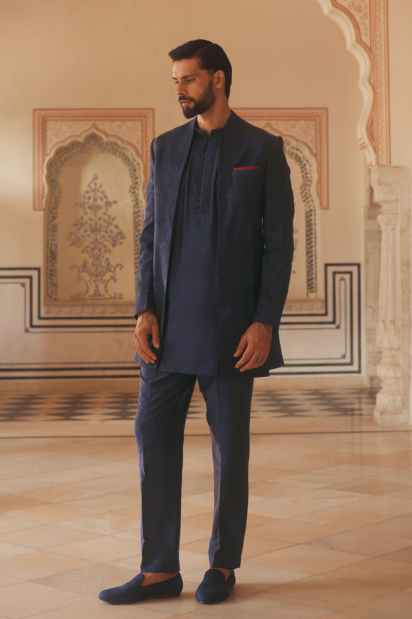 Parikshit Embroidered Silk Sherwani - Navy Blue
