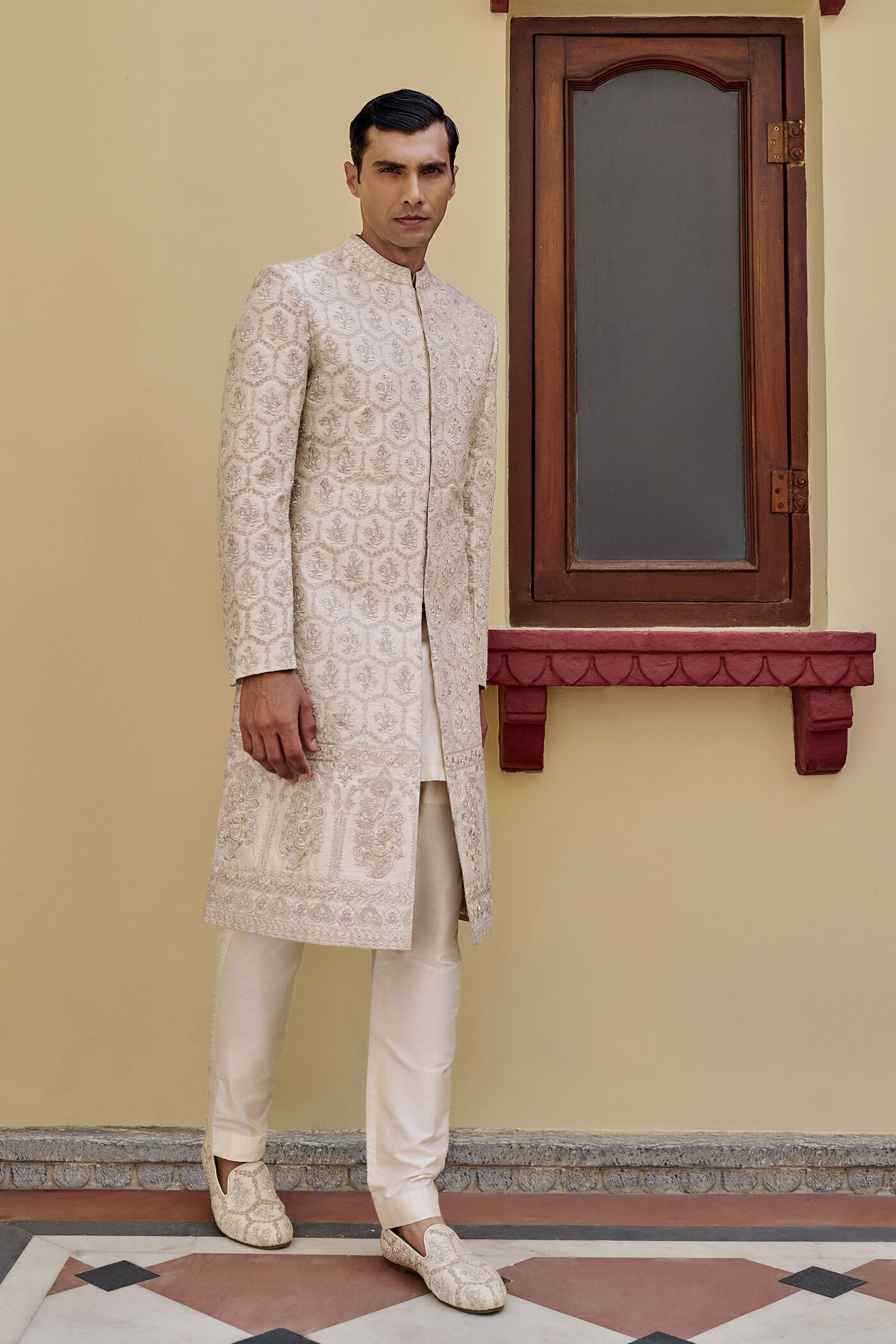 Resonance Embroidered Silk Sherwani - Ivory