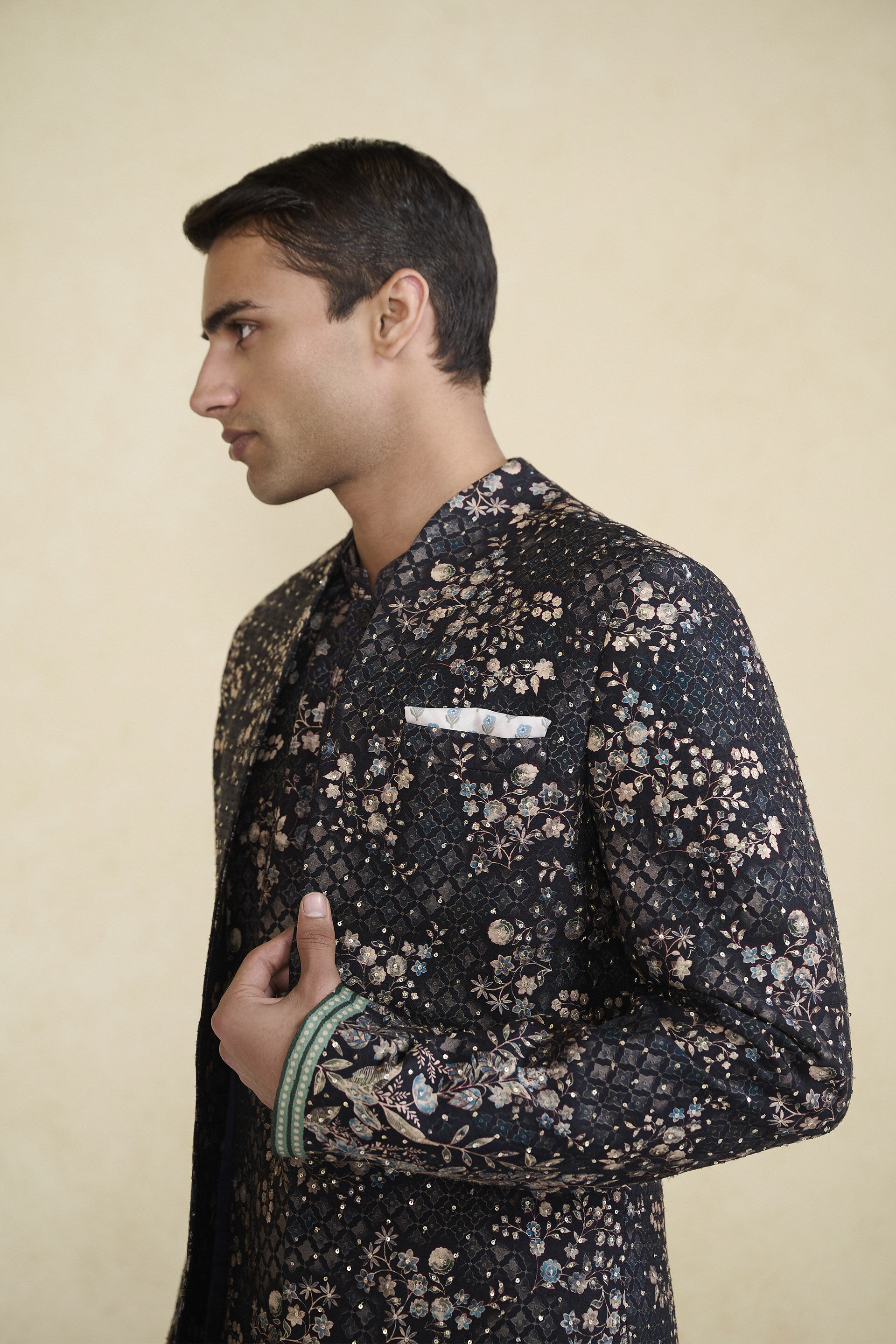 Rukham Printed Silk Sherwani - Black, Black, image 9