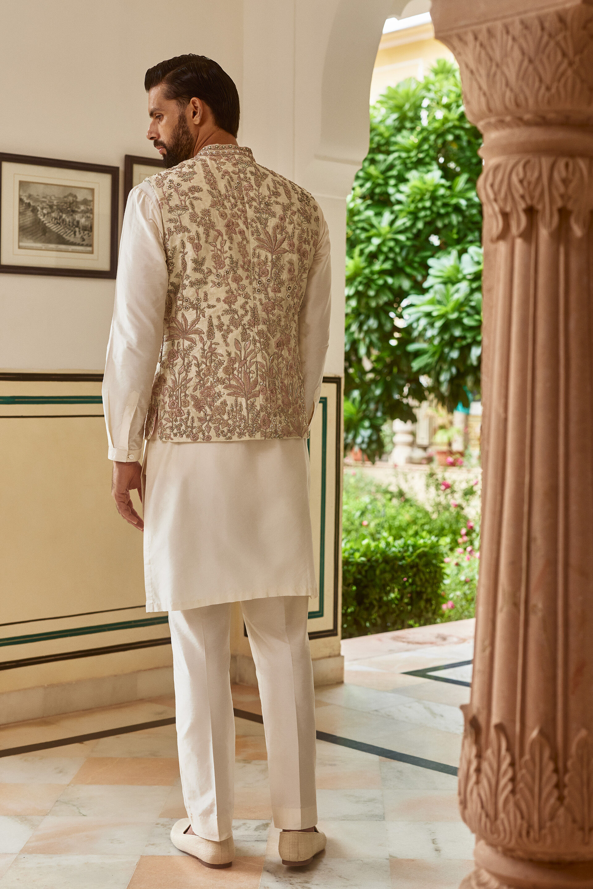 Ishir Embroidered Silk Nehru Jacket - Cream