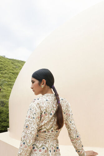 Hrida Zardozi & Resham Silk Jacket Set - Ivory, Ivory, image 5