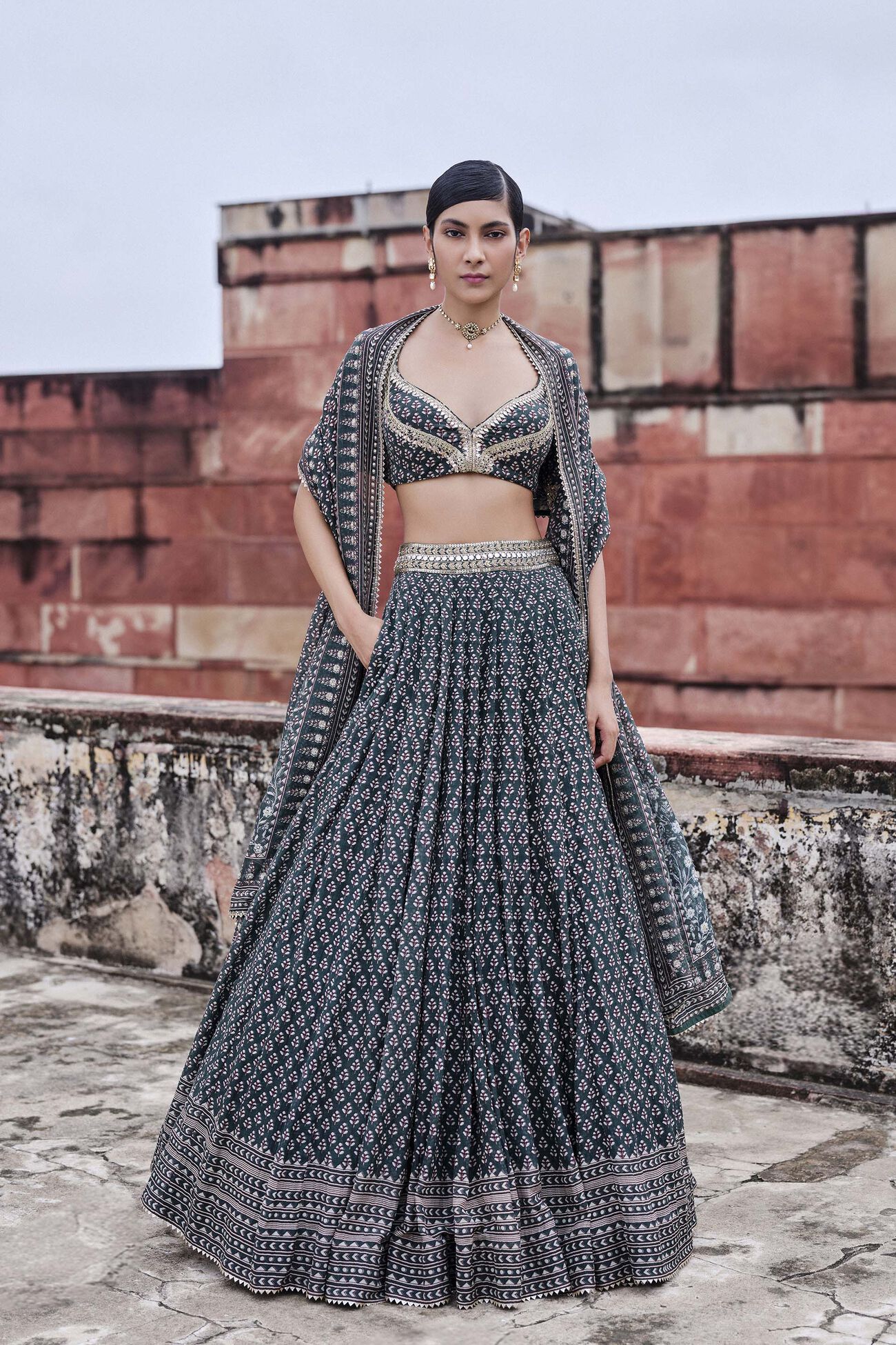 Arvia Printed Mul Lehenga Set - Green, Green, image 1