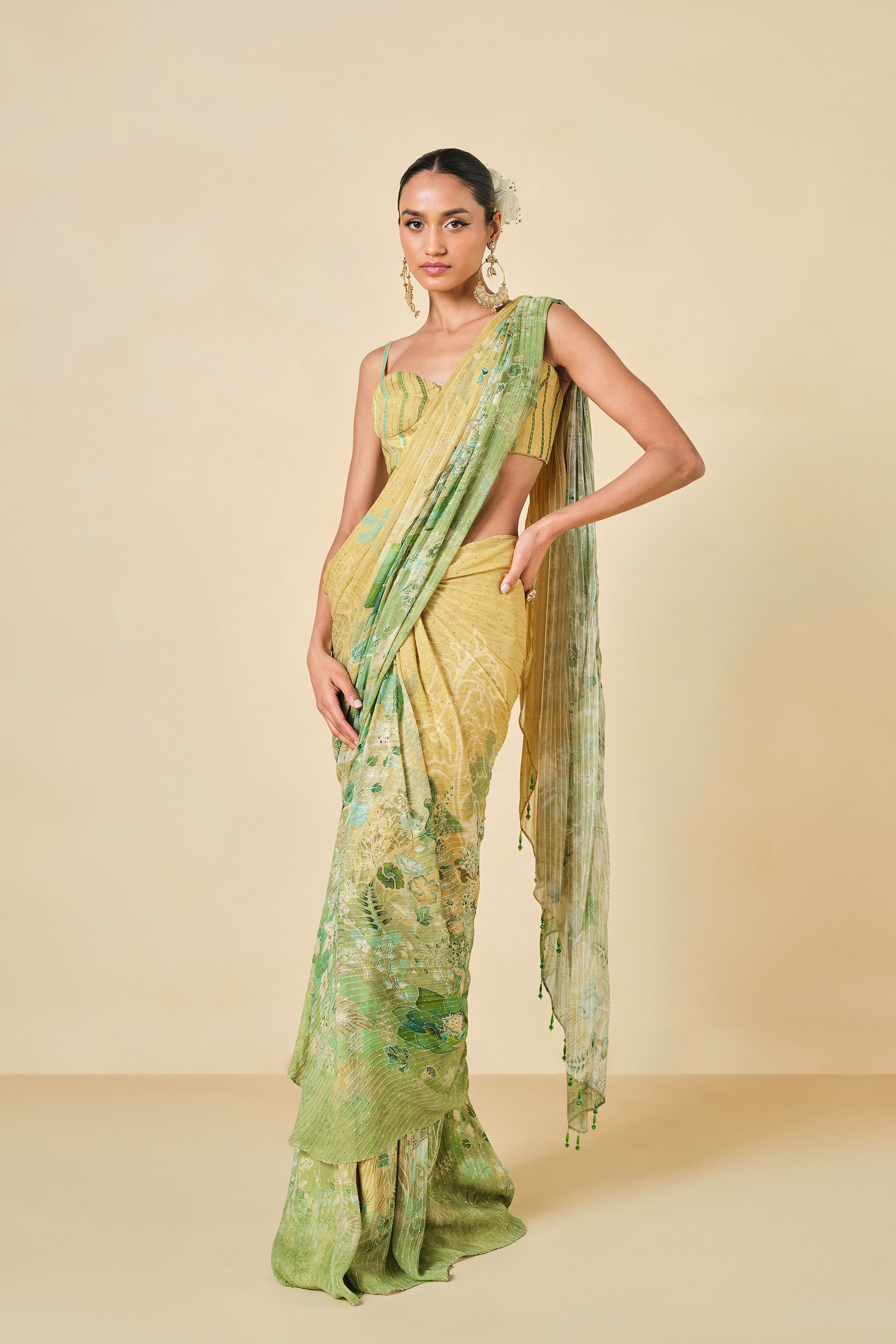 Naida Georgette Pre-draped Saree - Sage