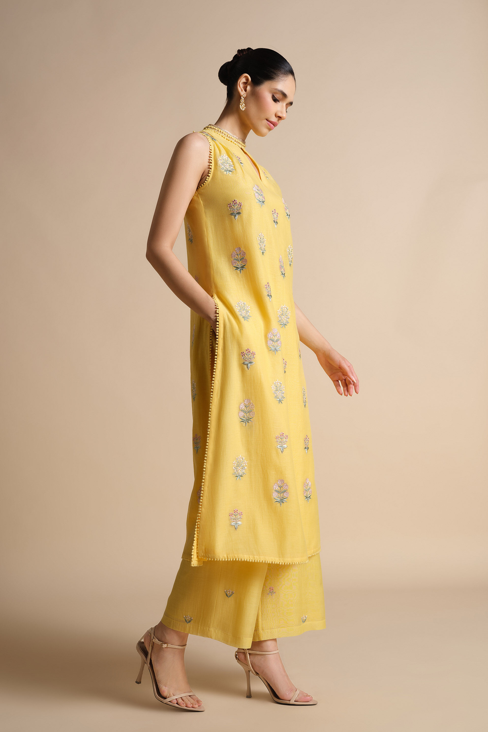 Helianthe Embroidered Mul Suit Set - Yellow, Yellow, image 3