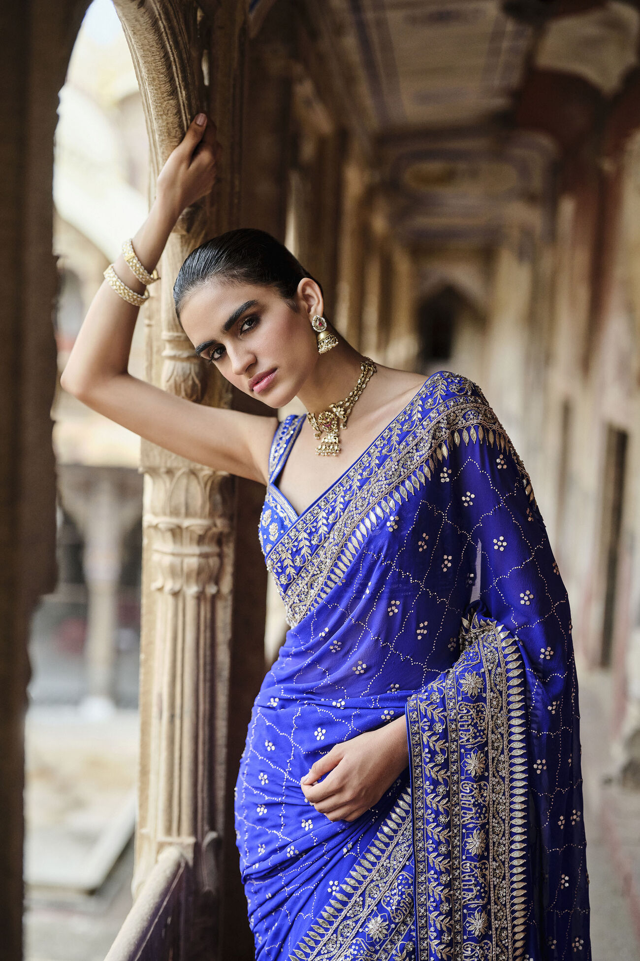 Anushna Handcrafted Badla Georgette Saree, Blue, image 3