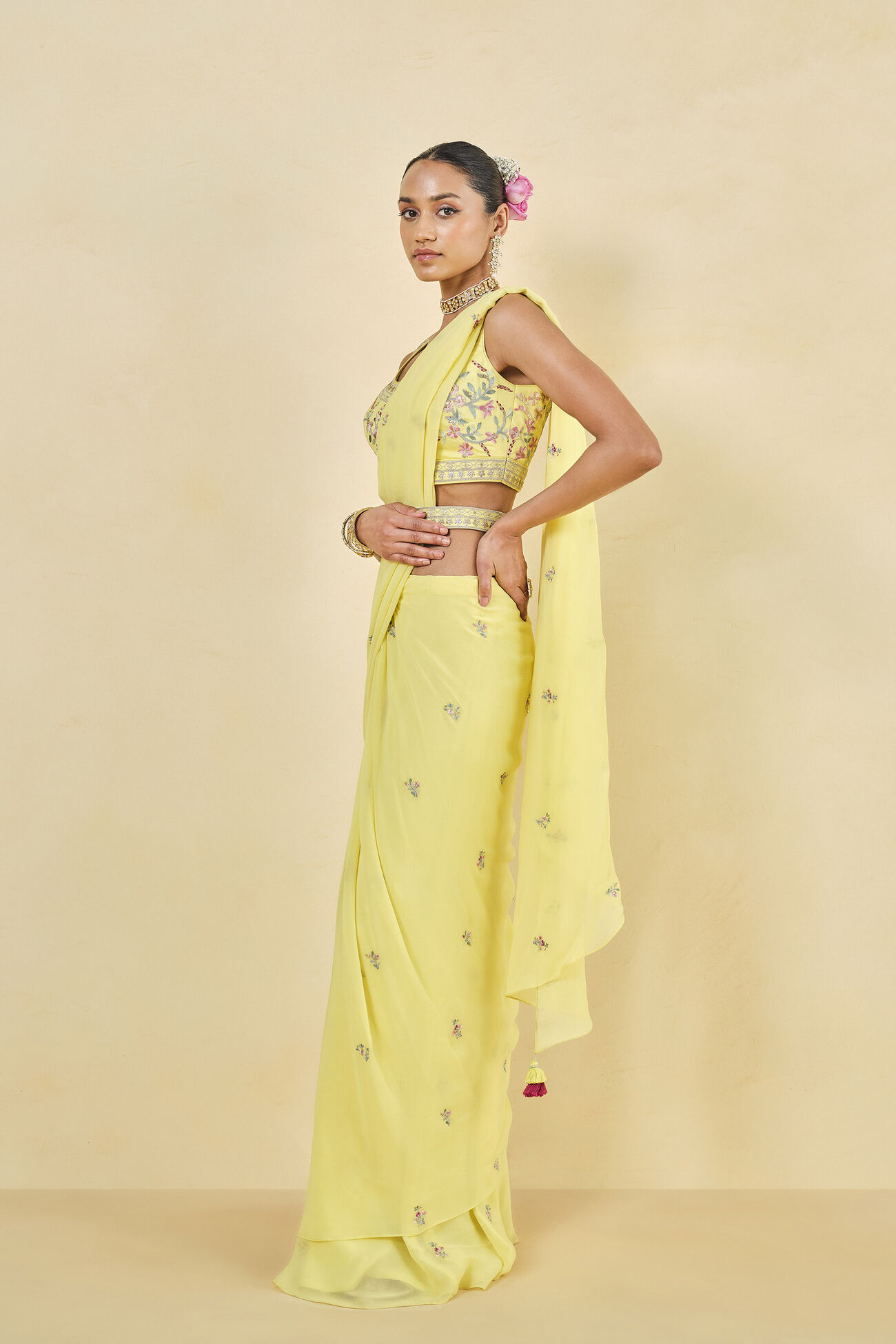 Summer Bloom Embroidered Georgette Pre-draped Saree - Yellow, Yellow, image 2