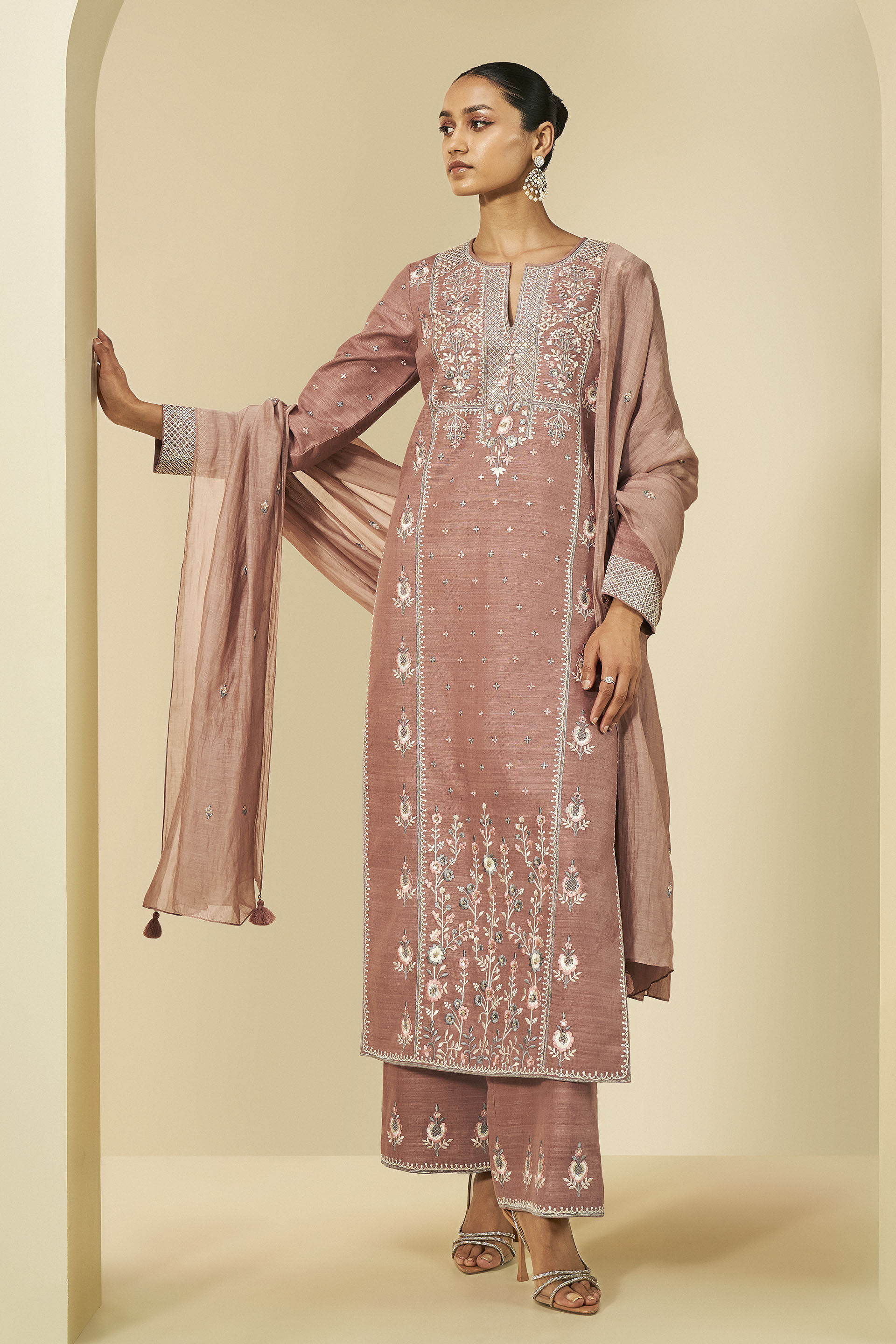 Roseline Embroidered Silk Suit Set, Old Rose, image 1