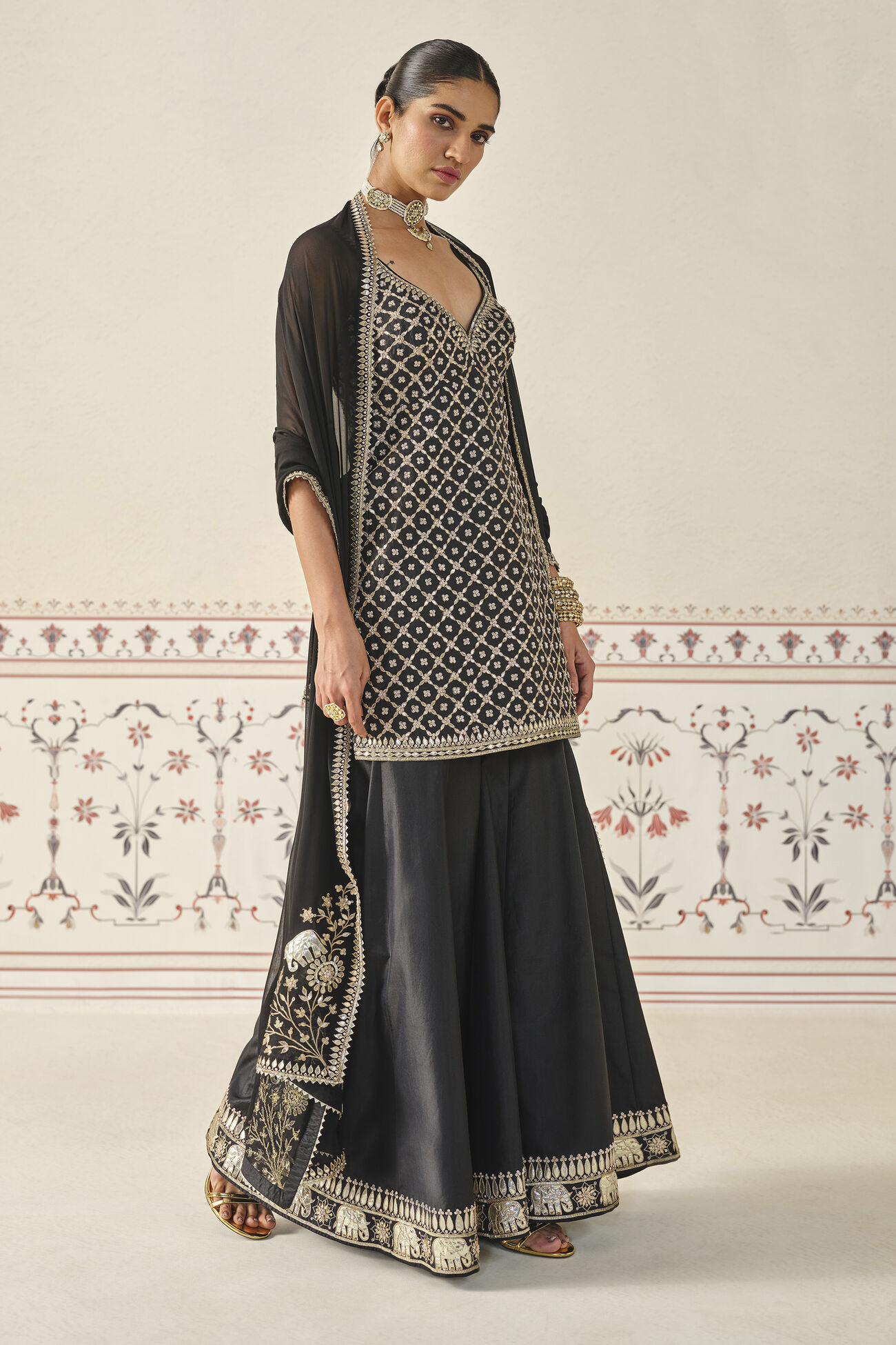 Rayna Gota Patti Silk Sharara Set - Black, Black, image 3