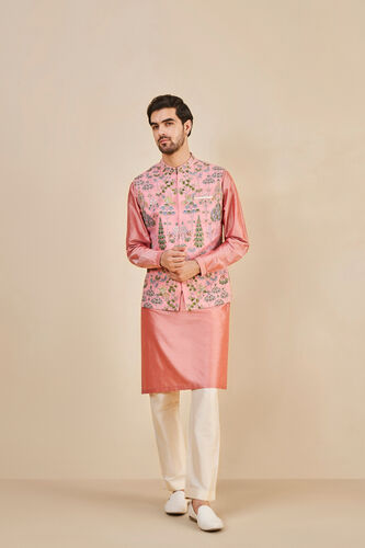 Nalesh Hand-painted Pichhwai Silk Nehru Jacket, Pink, image 2