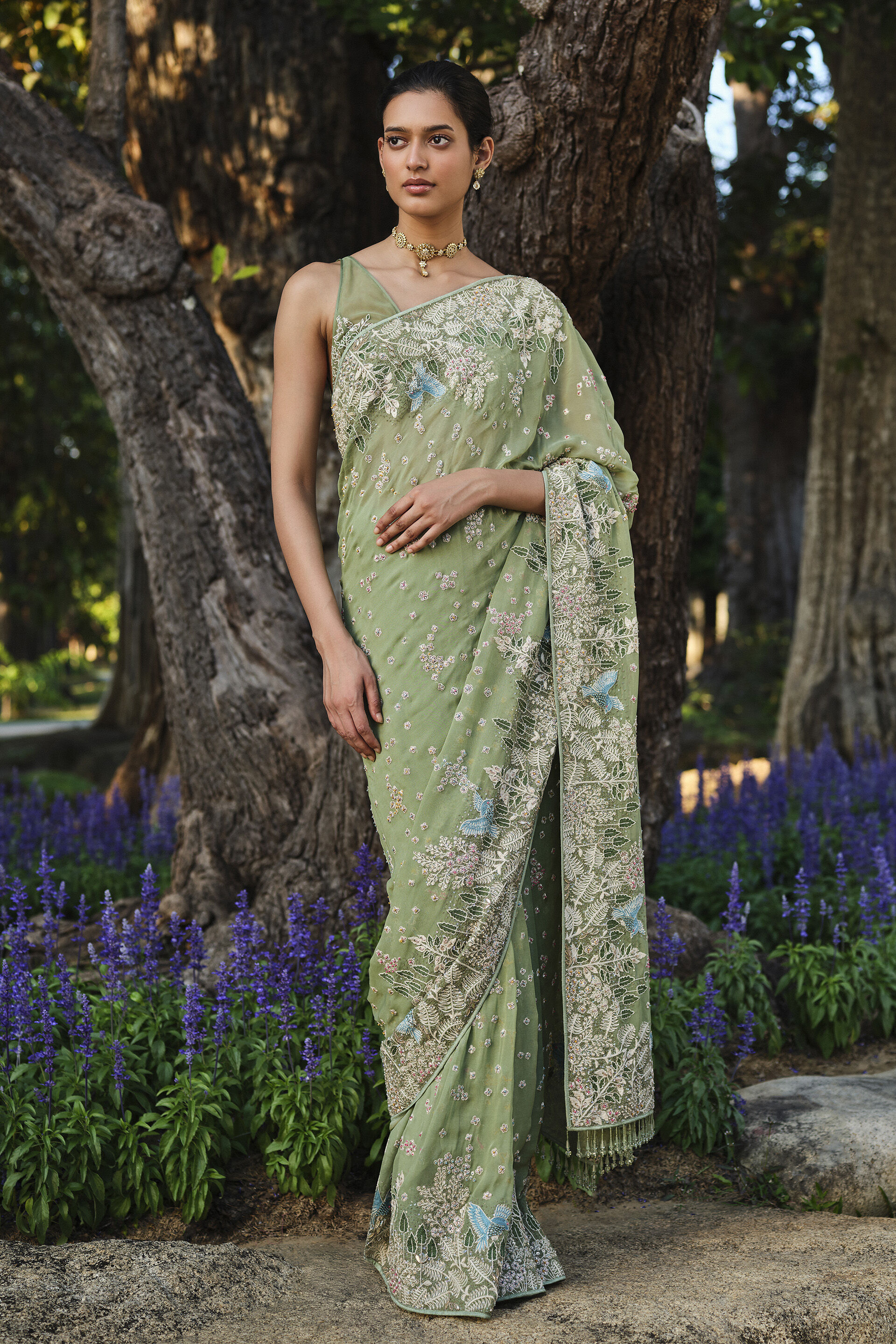 Elodea Embroidered Georgette Saree - Sage, Sage, image 1