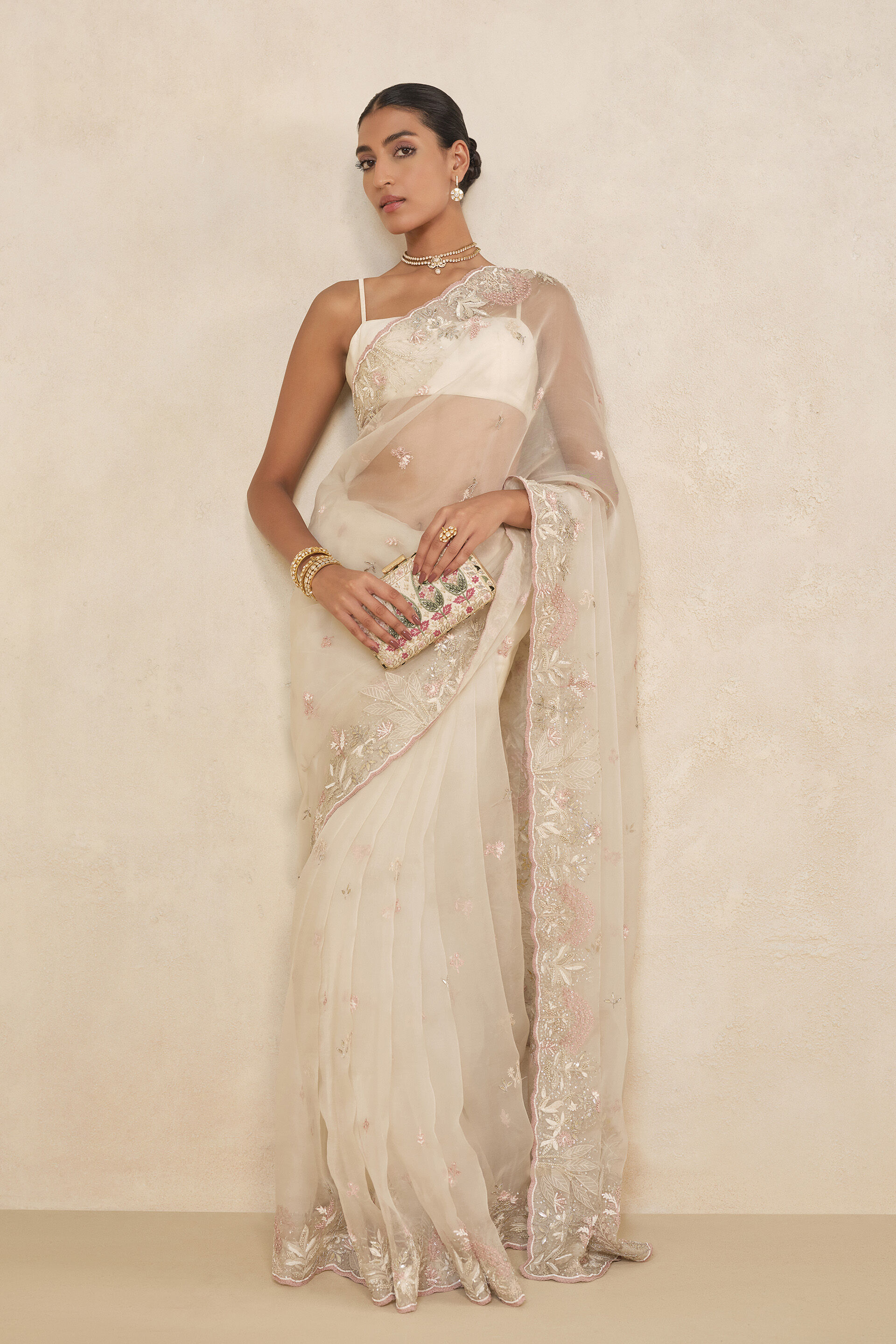 Earthbreeze Embroidered Silk Saree - Ivory, Ivory, image 1