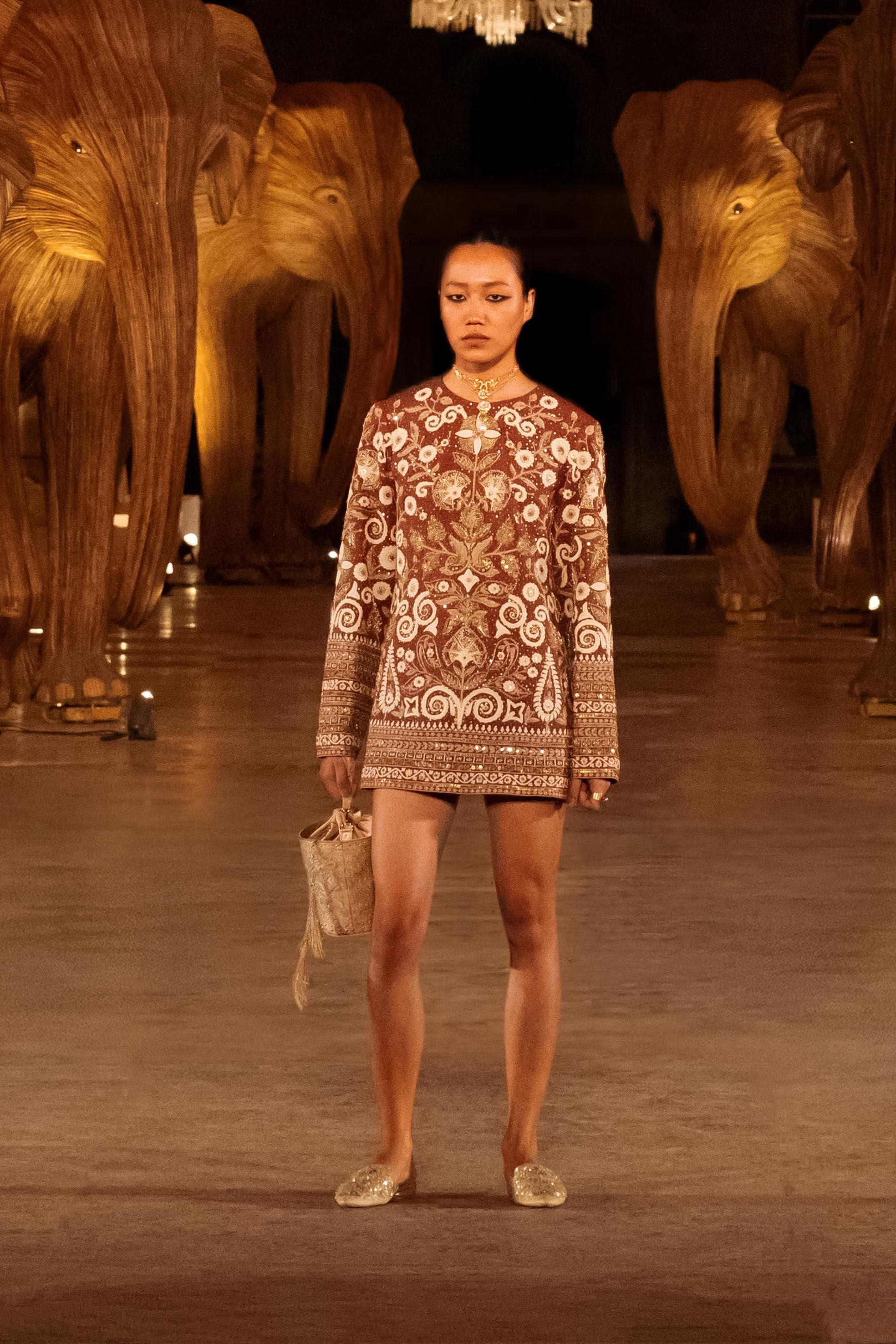 Stargazing Florals Embroidered Cord Silk Dress - Brown, Brown, image 8