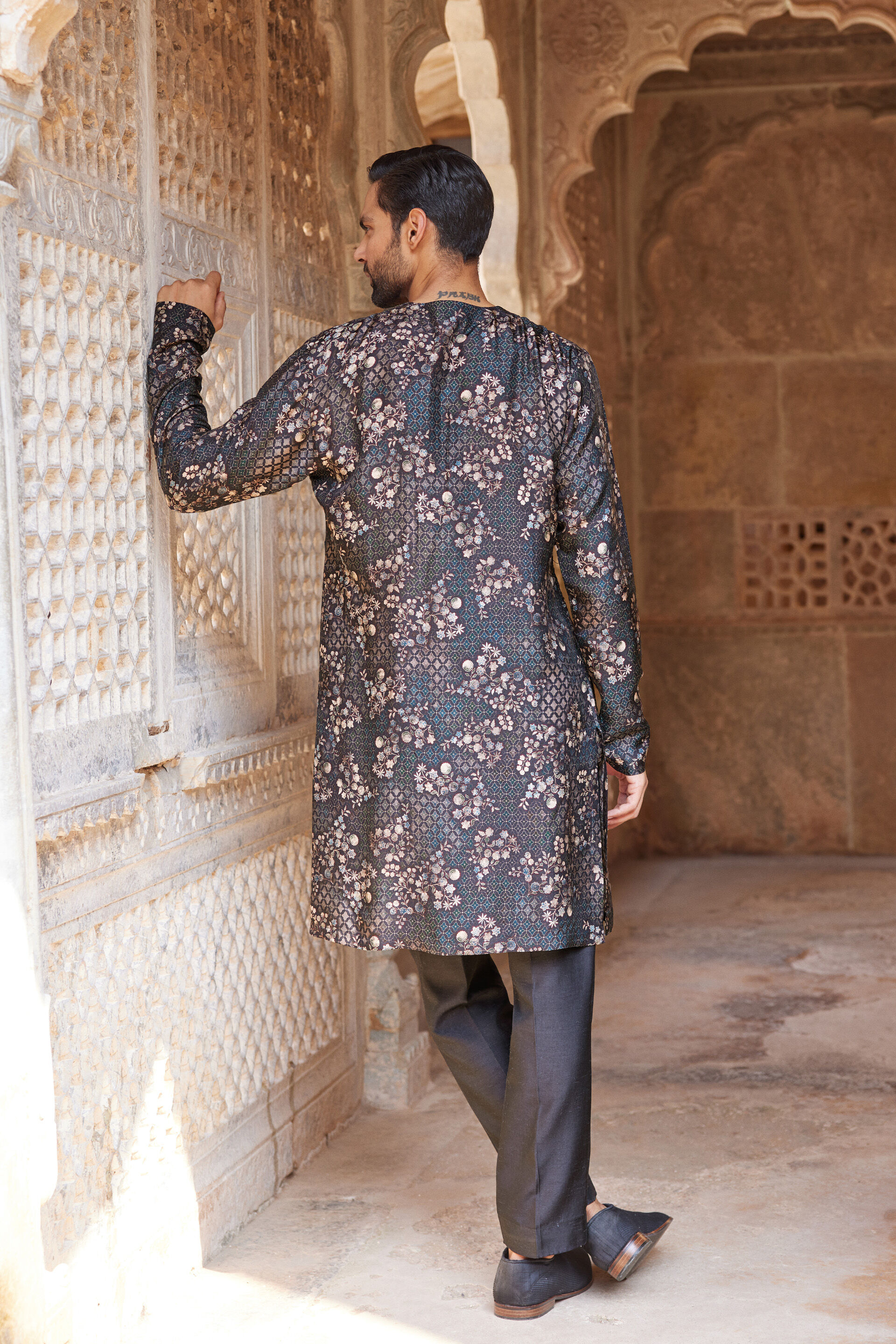 Rukham Printed Silk Kurta - Black
