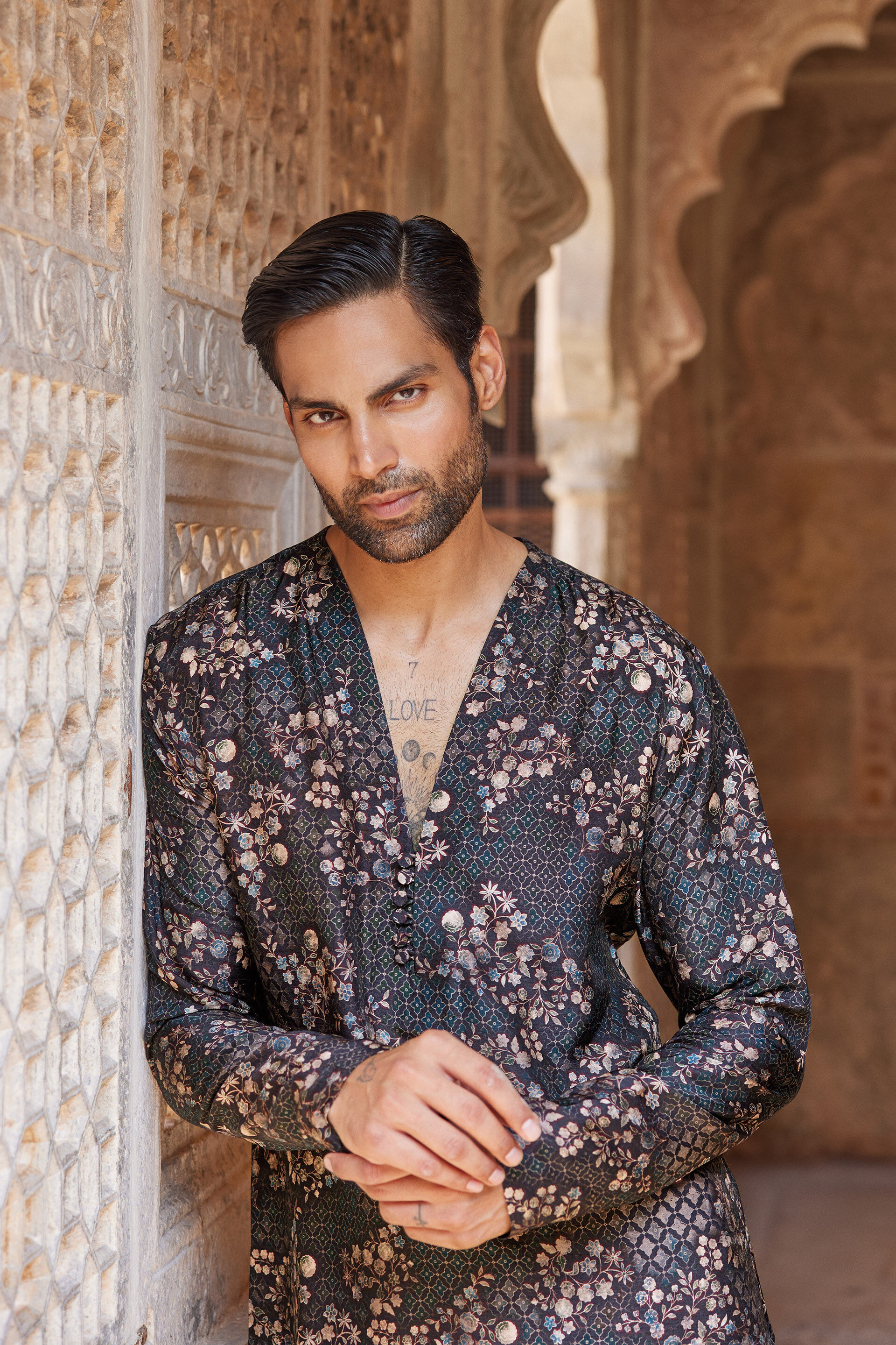 Rukham Printed Silk Kurta - Black, Black, image 8