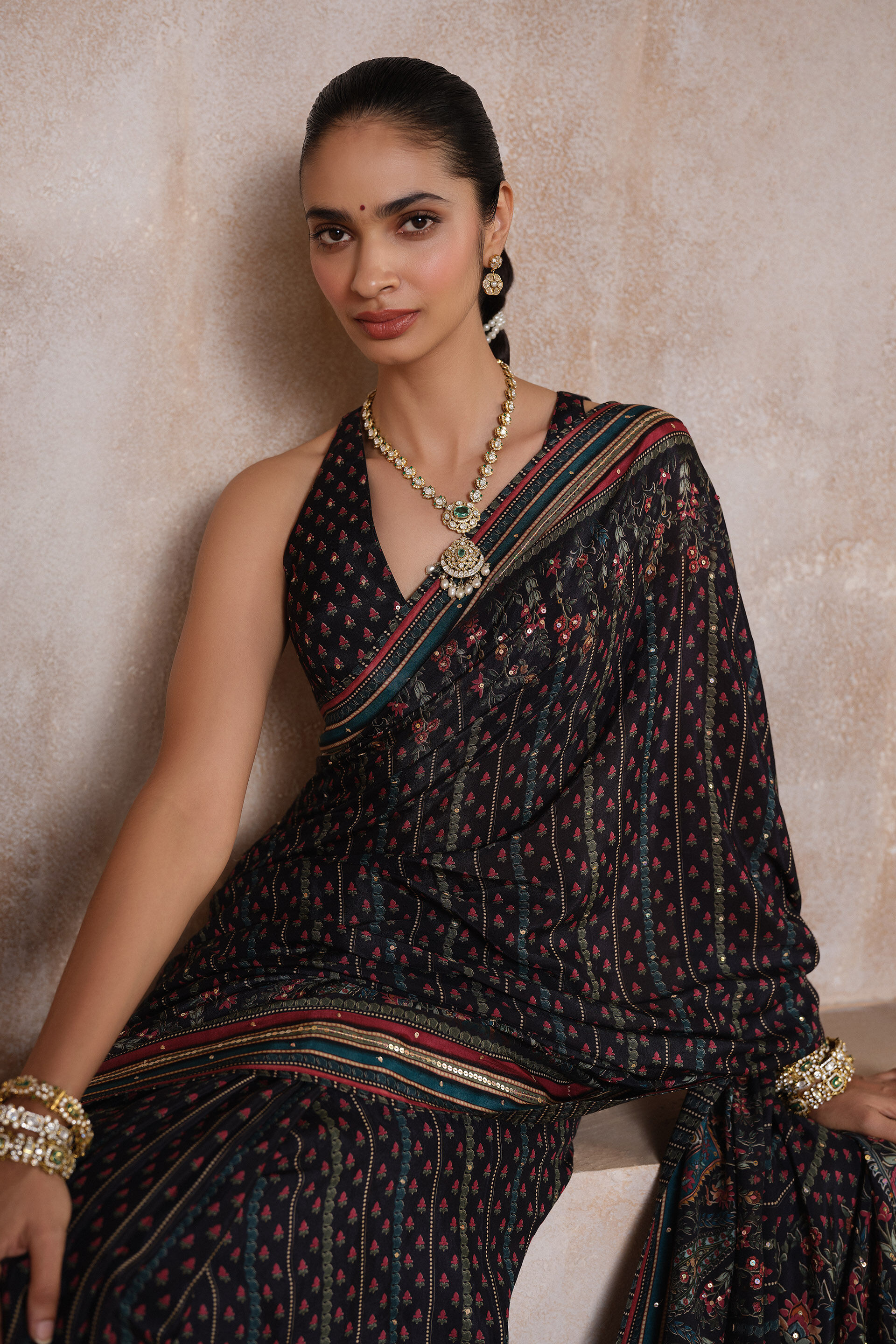 Somara Sequin Chiffon Saree - Black, Black, image 4