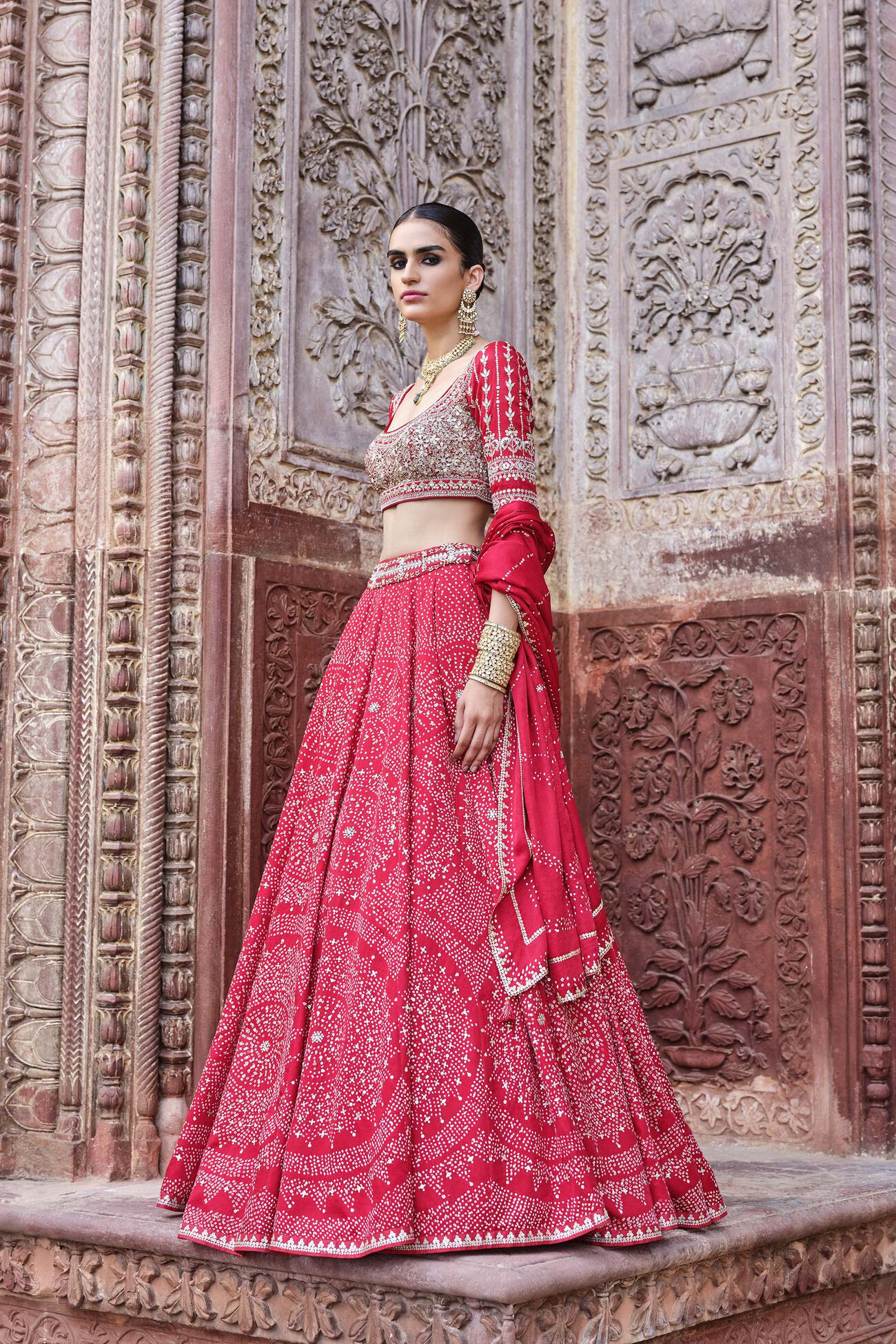 Raya Handcrafted Bandhani Silk Lehenga Set - Red, Red, image 6