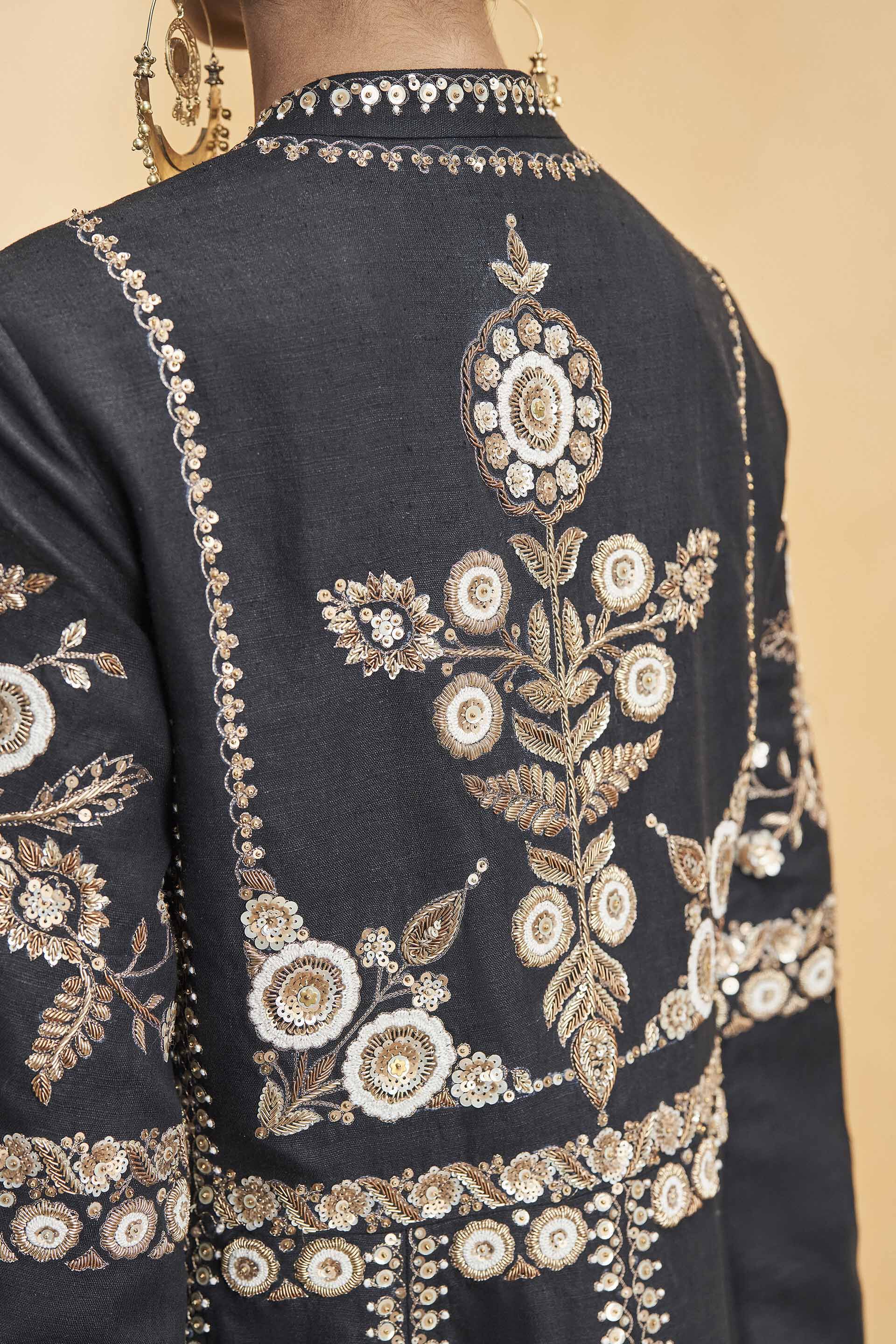 Flowers Of The Forest Embroidered Zardozi Silk Kurta Set - Black, Black, image 8