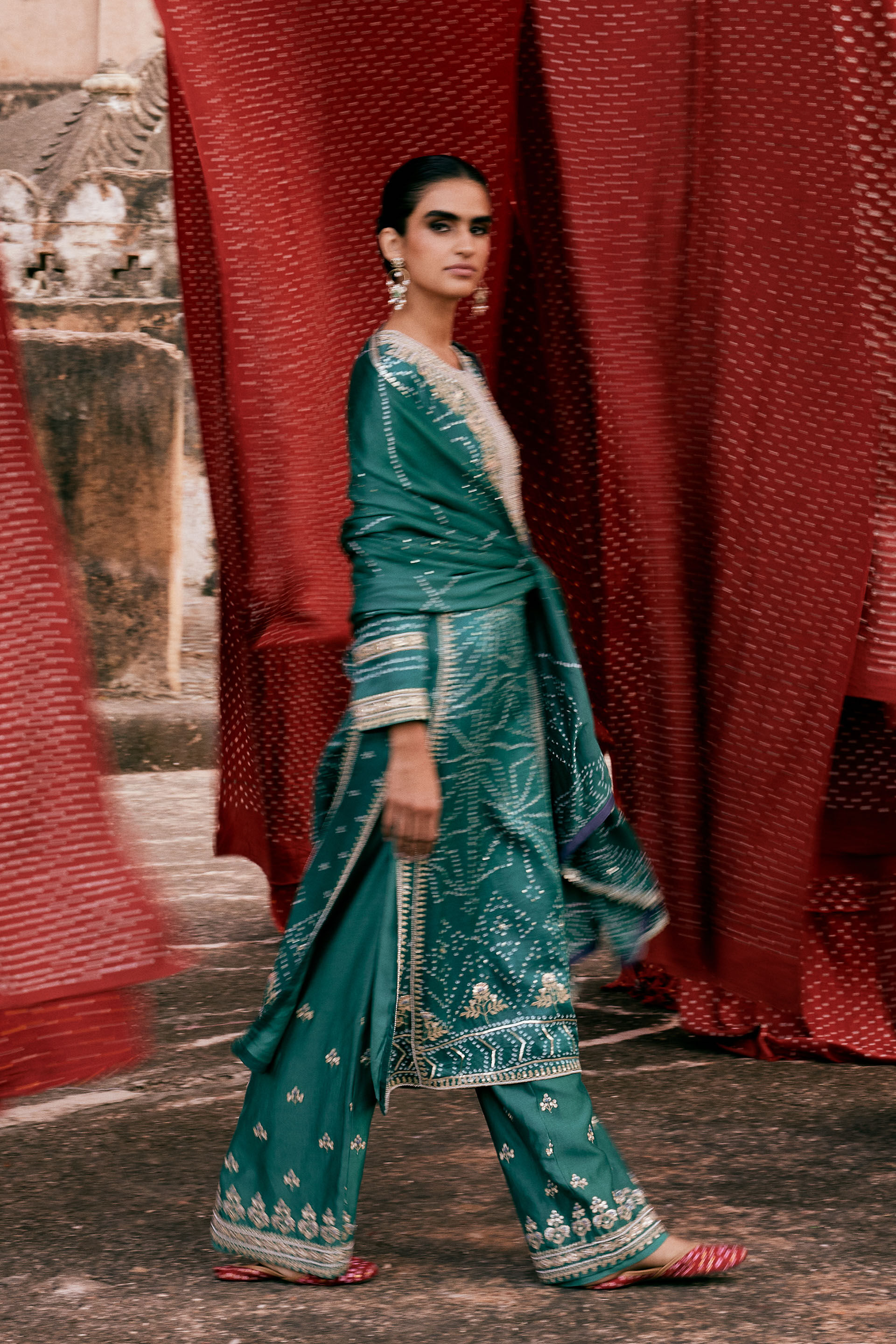 Piroska Handcrafted Bandhani Silk Suit Set - Green, Green, image 4