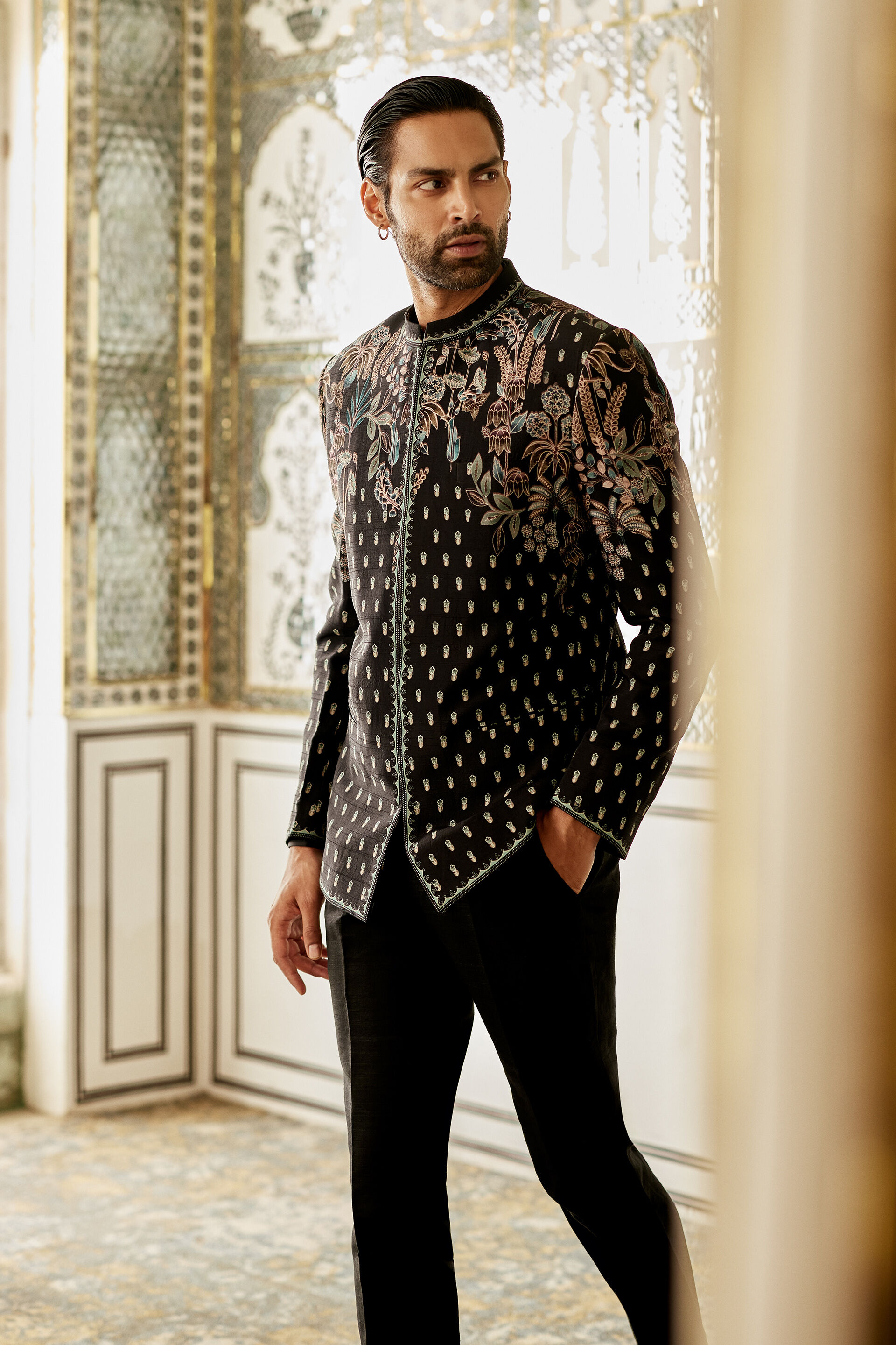 Amdur Silk Bandhgala - Black, Black, image 3