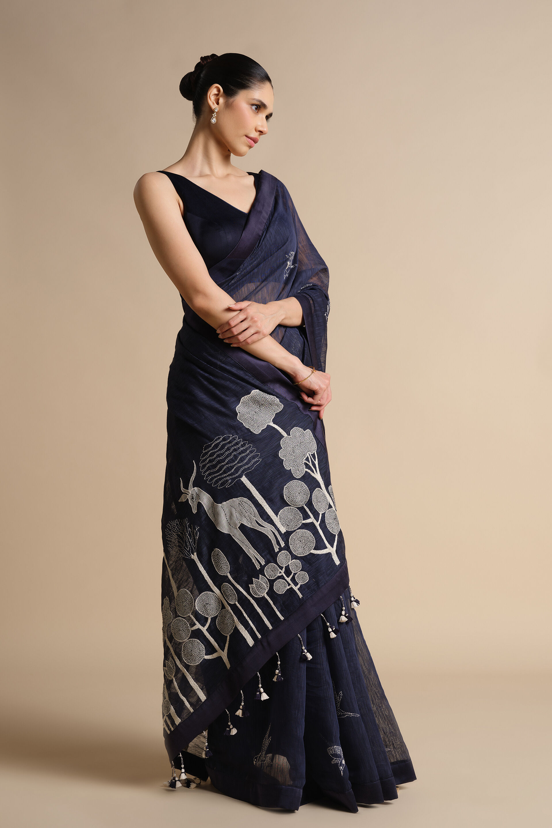 Shahaf Hand-embroidered Kantha Saree - Indigo, Indigo, image 3