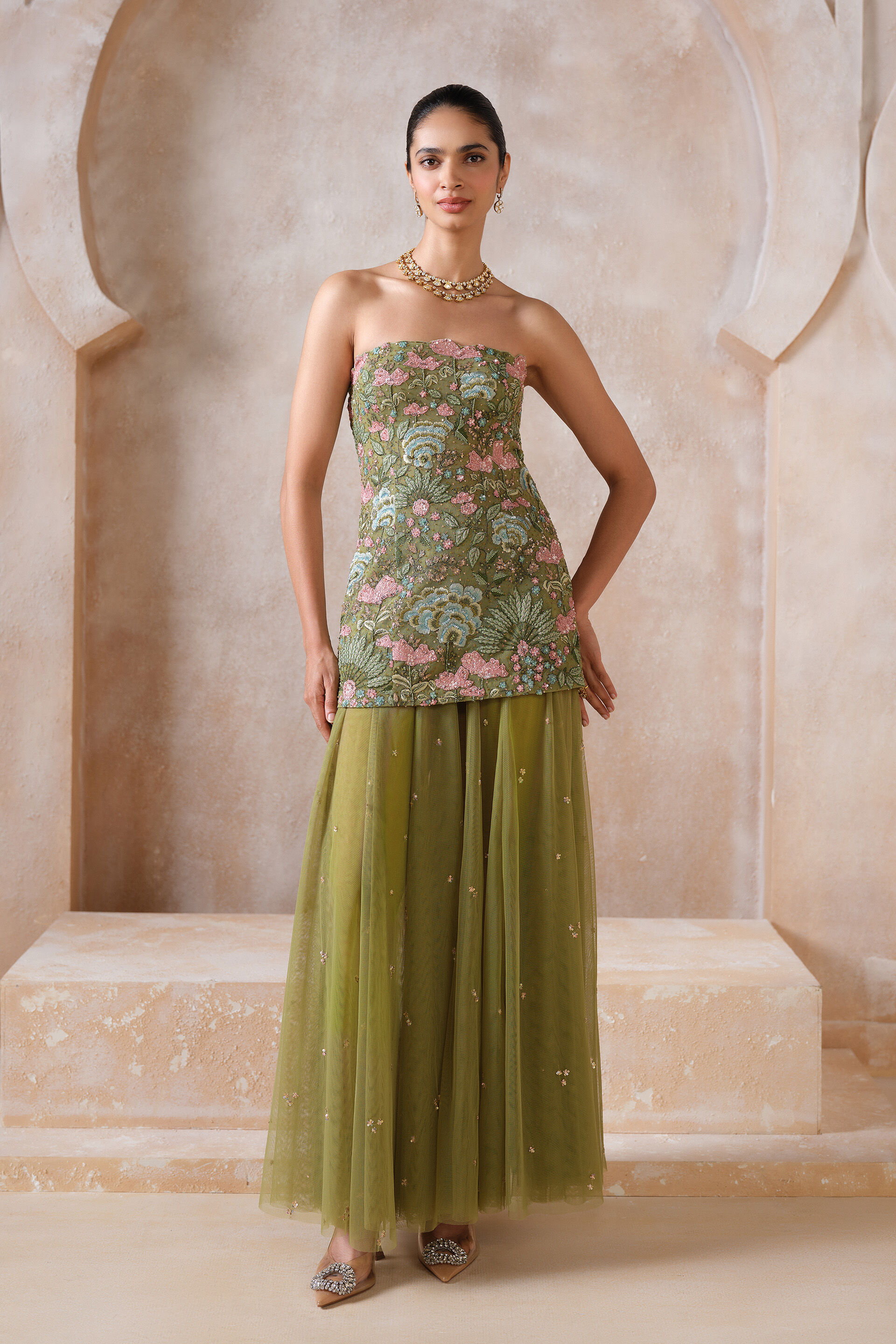 Evrain Embroidered Applique Skirt Set - Green