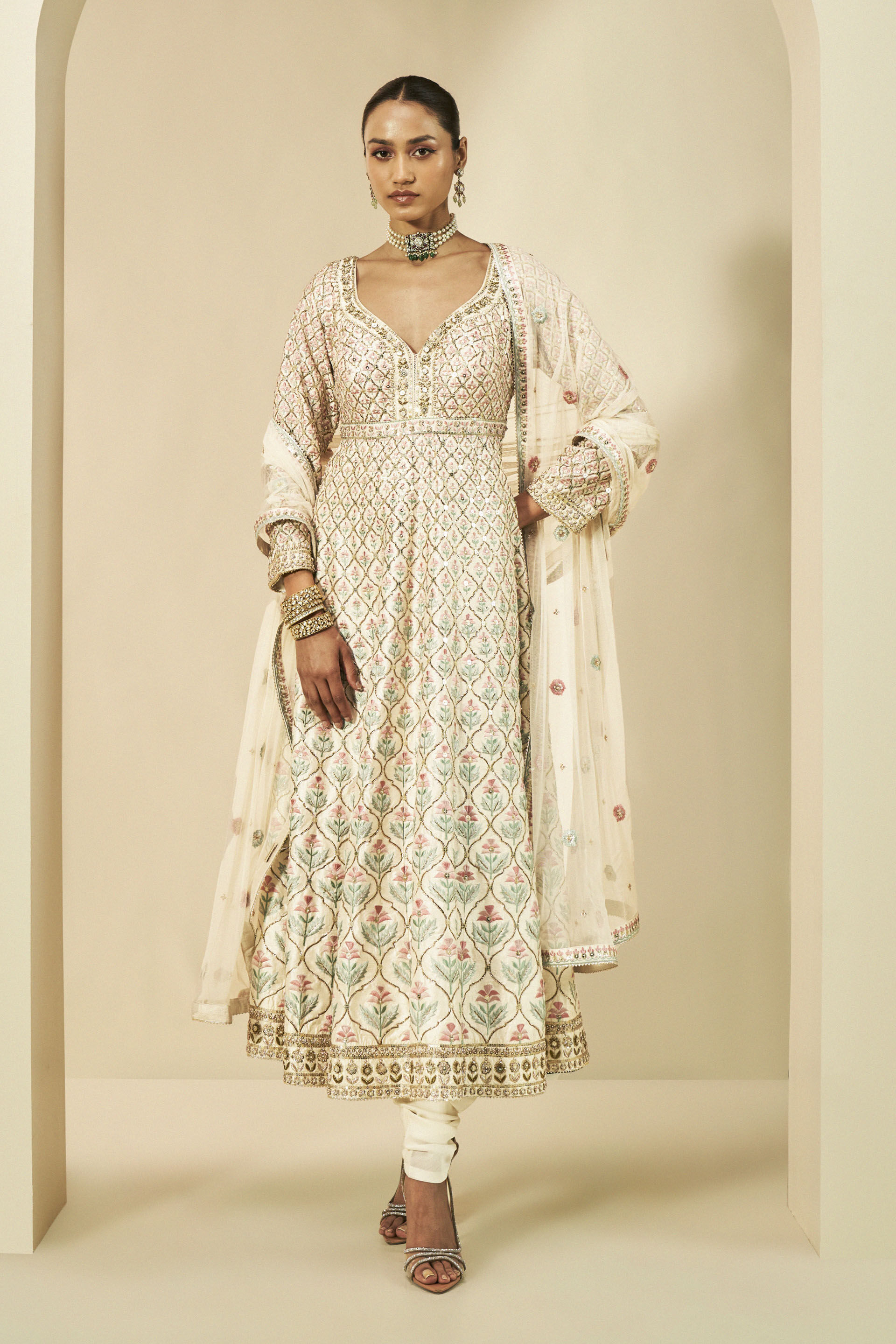 Adri Embroidered Silk Anarkali Set Cream