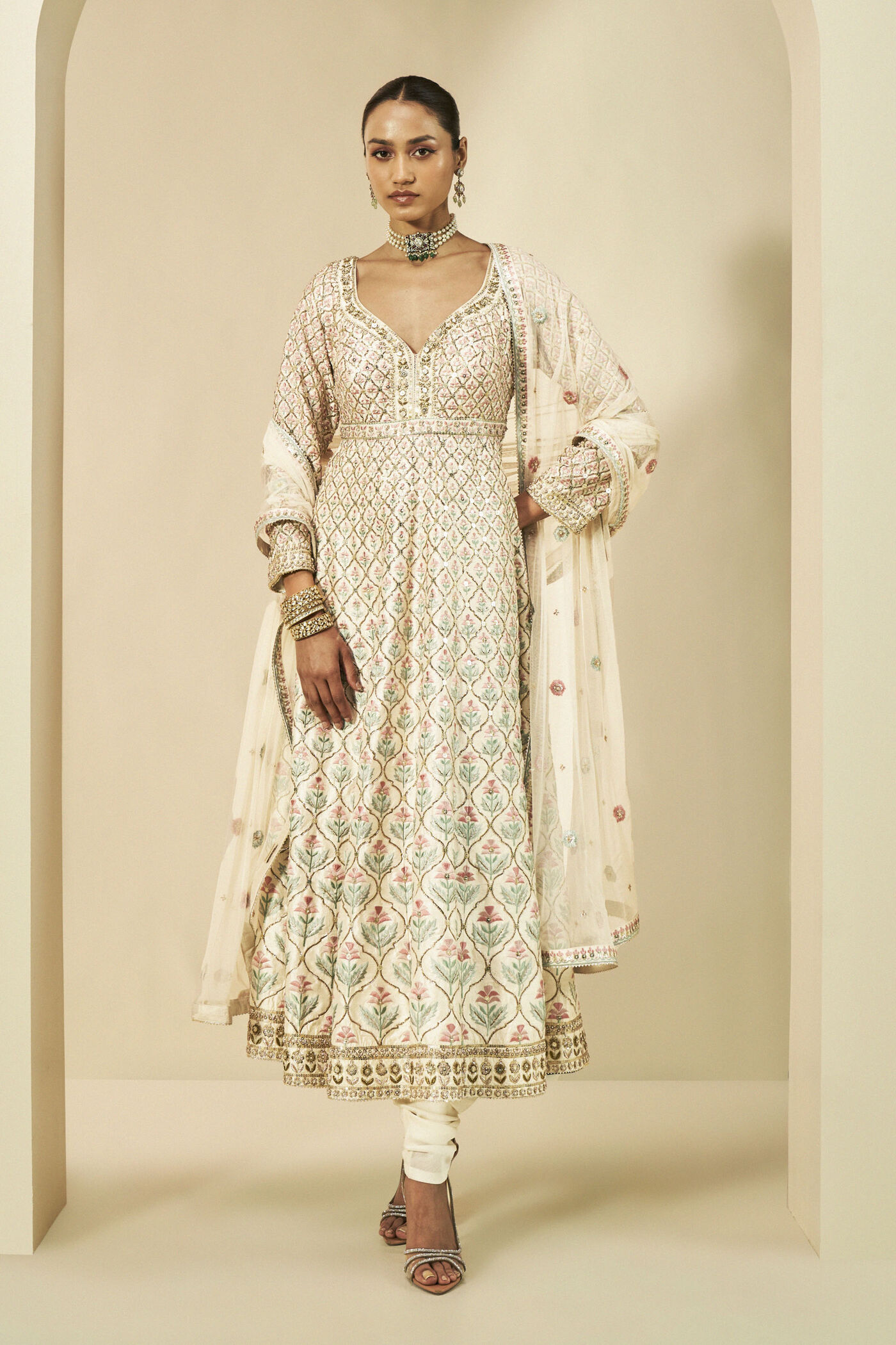Adri Embroidered Silk Anarkali Set - Cream